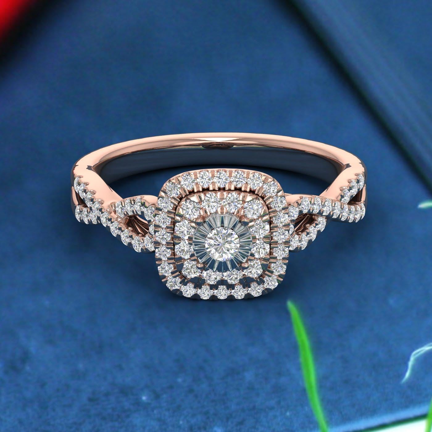 FINEROCK 1/2 Carat Cushion cut Halo Diamond Engagement Ring in 14K Gold