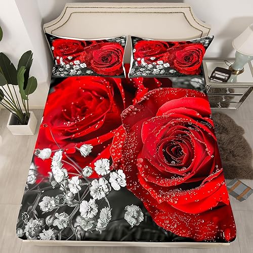 Miniatura 2 de Juego de sábanas con estampado de rosas rojas, tamaño King, ropa de cama con estampado 3D, sábanas botánicas para el día de San Valentín, juego de