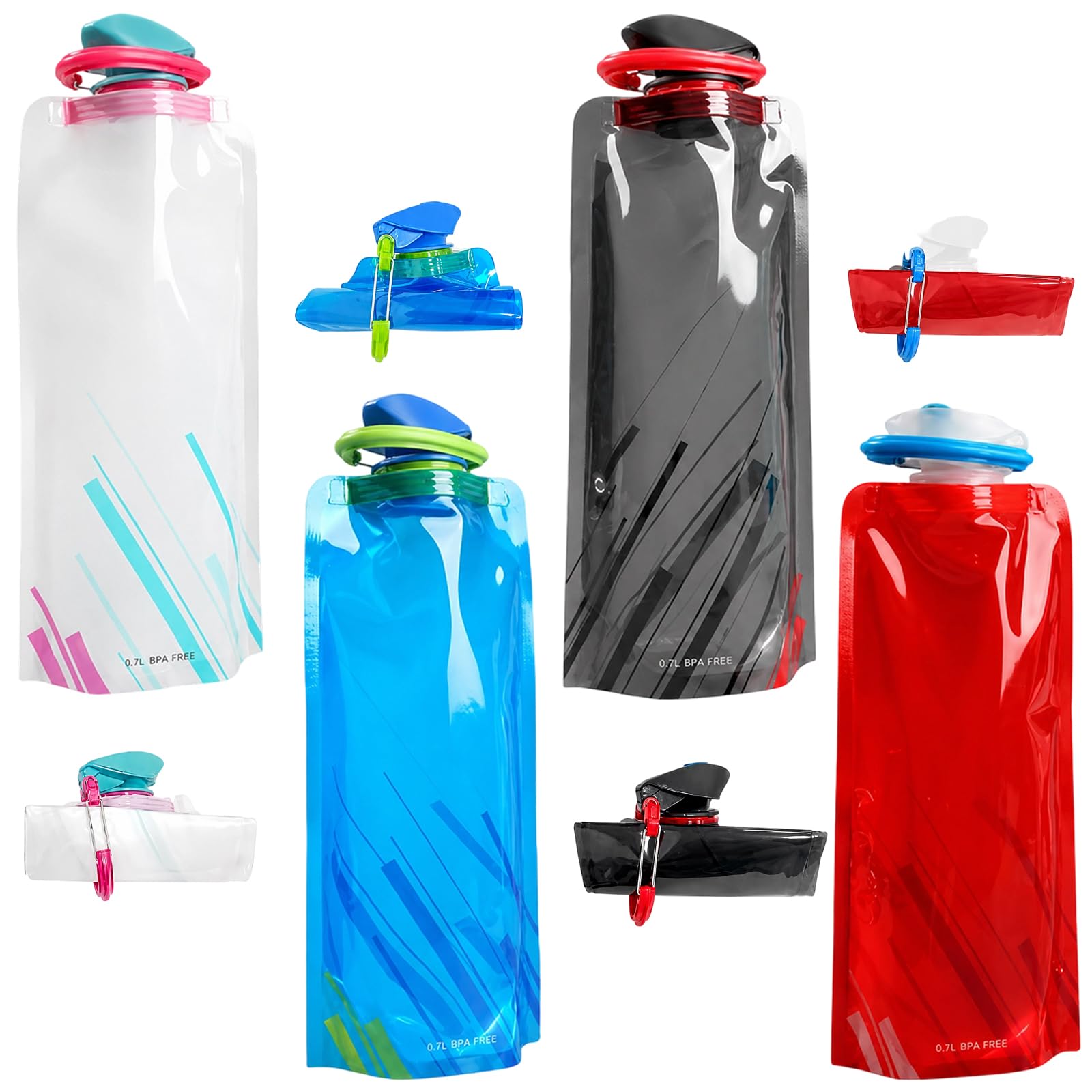 EujRcf 4PCS Collapsible Water Bottle, Foldable Water Bottles, Large Soft Flexible Foldable Reusable Water Bottles 700 Ml Water Pouch Design with Compact for Running Cycling Outdoor Sports and Travel