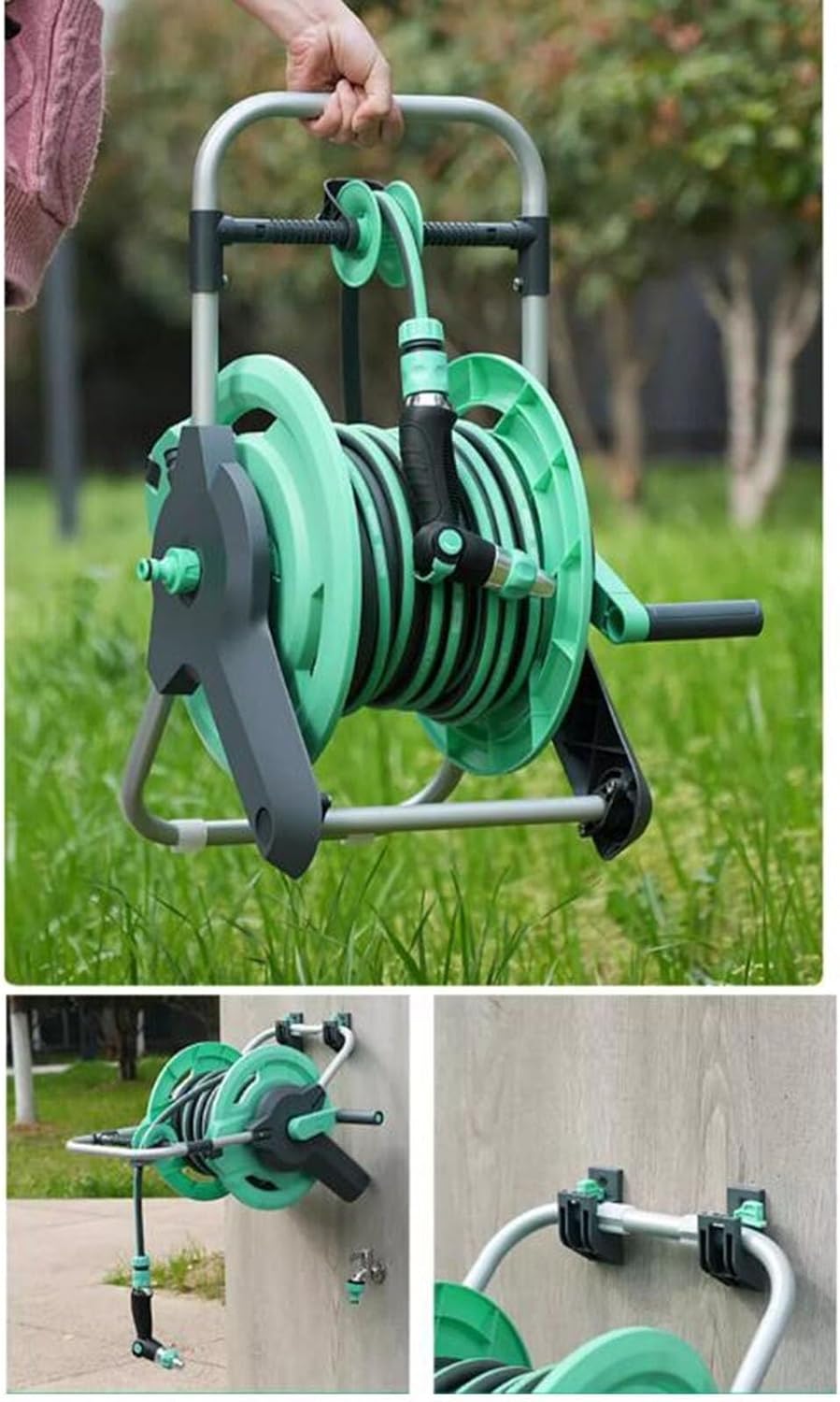 Heavy Duty Garden Hose Reel Cart With Water Gun, Portable Water Hose Storage Holder For Outdoor Irrigation