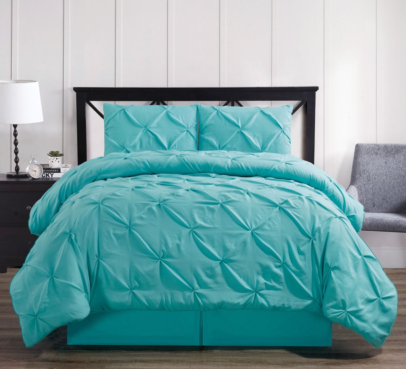 Royal Hotel Bedding Oxford Decorative Pinch Pleat Comforter Set, 4 Pieces, Hypoallergenic Comforter, Down Alternative Fill, King, Aqua