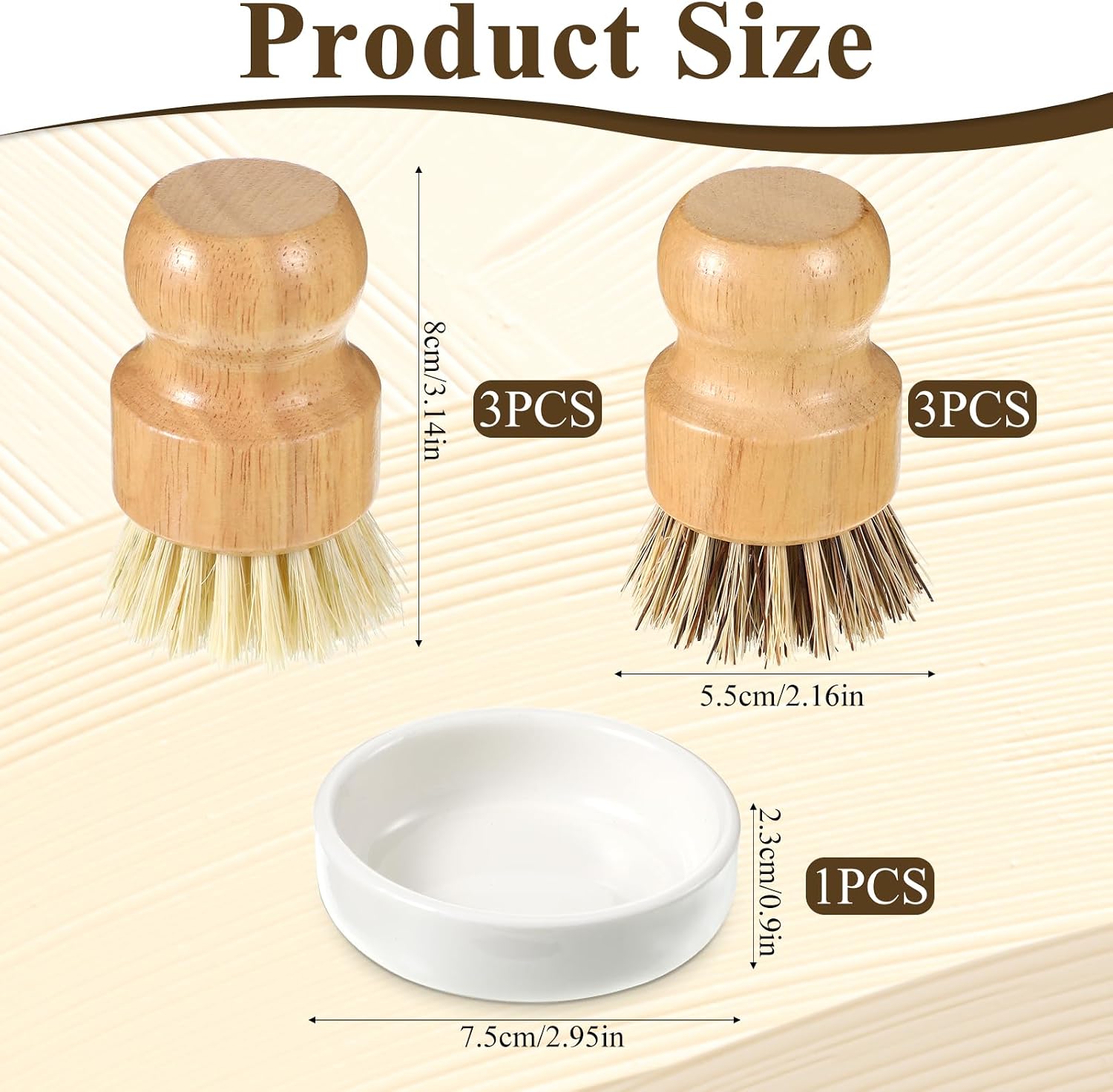 7 Pcs Bamboo Scrub Brushes Set, Kitchen Dishwashing Scrubber with Natural Sisal/Palm Bristles, Round Mini Dish Brush with Ceramic Holder, for Kitchen Sink Pans Pots Vegetables Cleaning