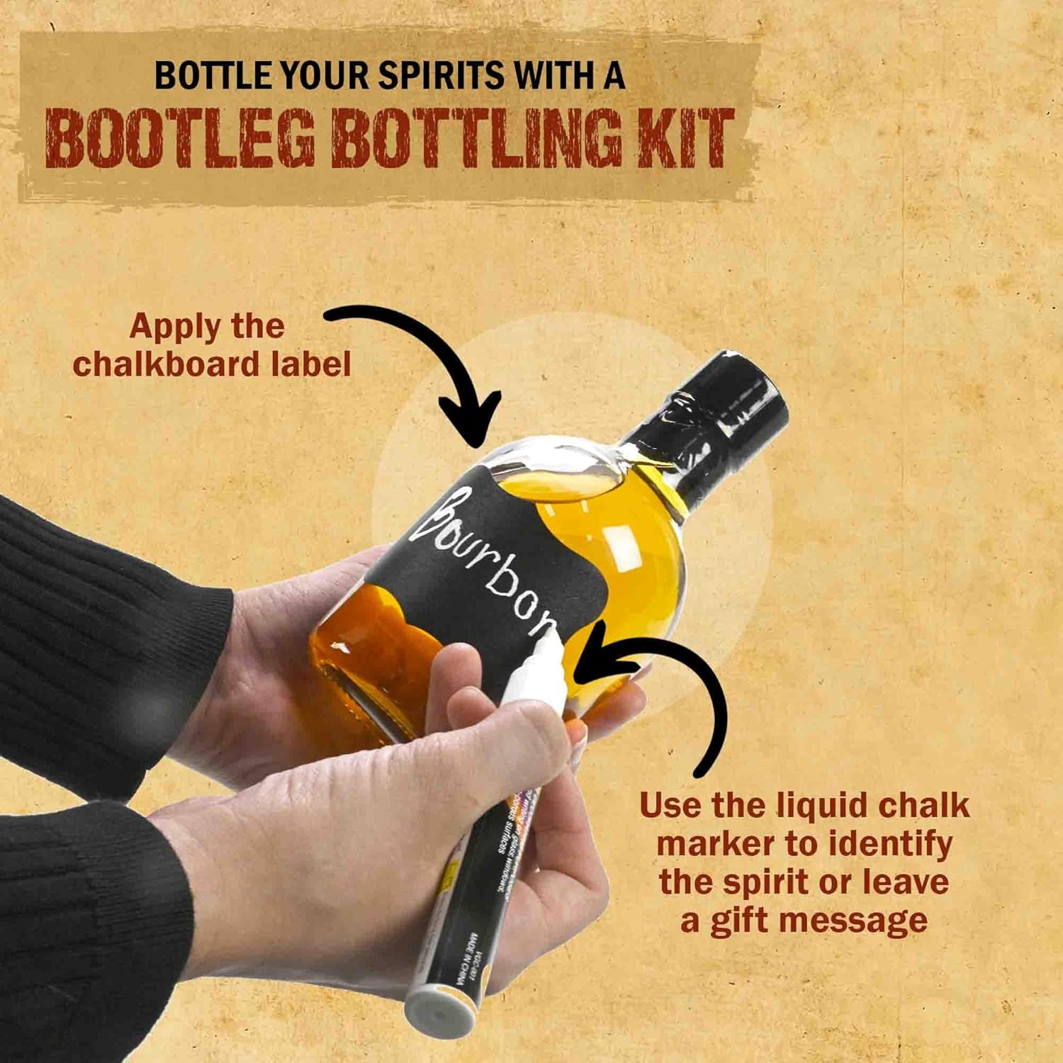 DIY Whiskey Bottling Kit - Bootleg Bottle Set with (4) 375ml Glass Bottles, Caps, Shrink Wrap Sleeves, Chalkboard Labels & Pen - for Homemade Bourbon Making, Barrel Aged Cocktails & Whiskey Infusions