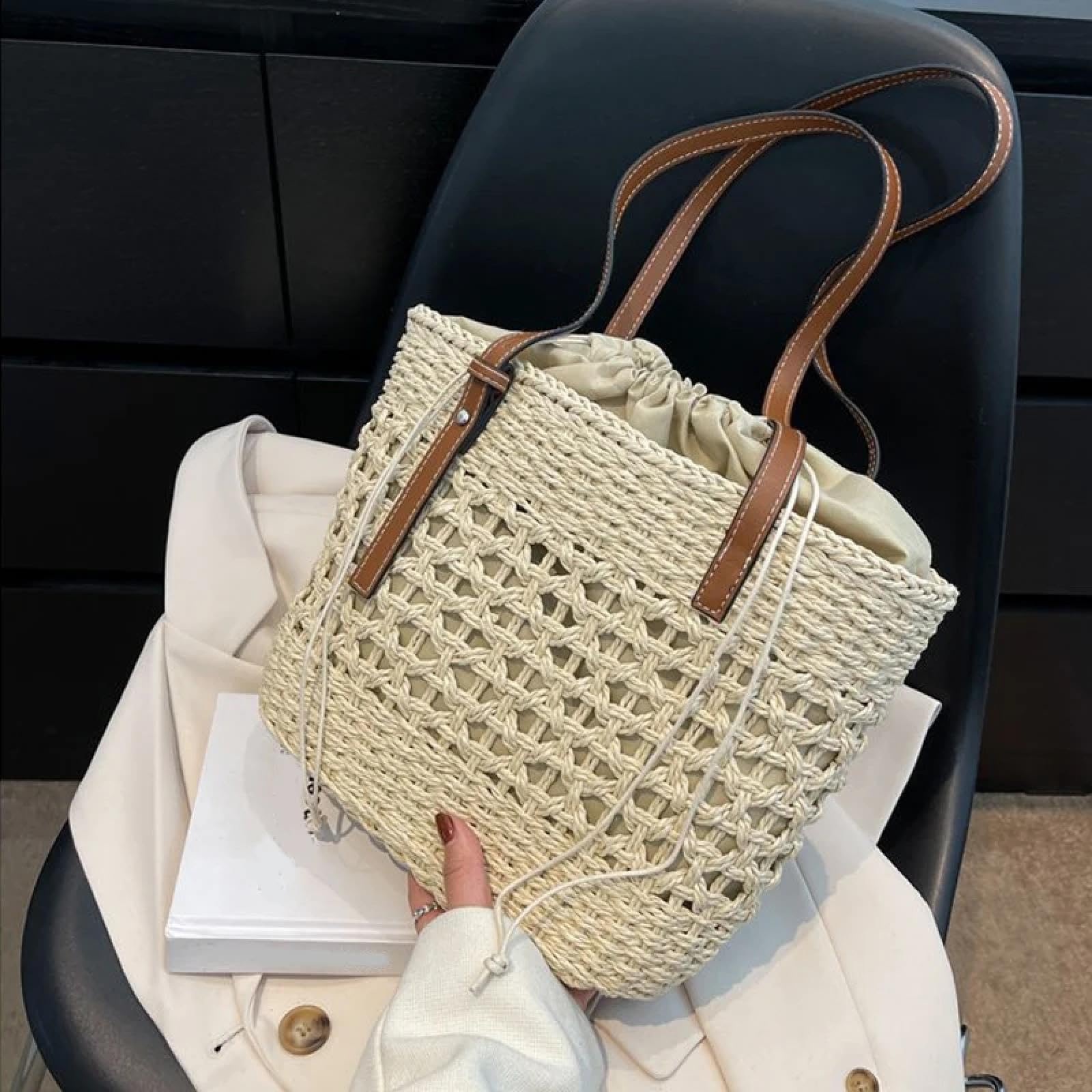 Bolsa De Paja Bolsos Casuales De Paja para Mujer Bolsos De Hombro Tejidos De Mimbre Bolso De Paja De Playa Tote De Gran Capacidad Bolsos Grandes para Señora