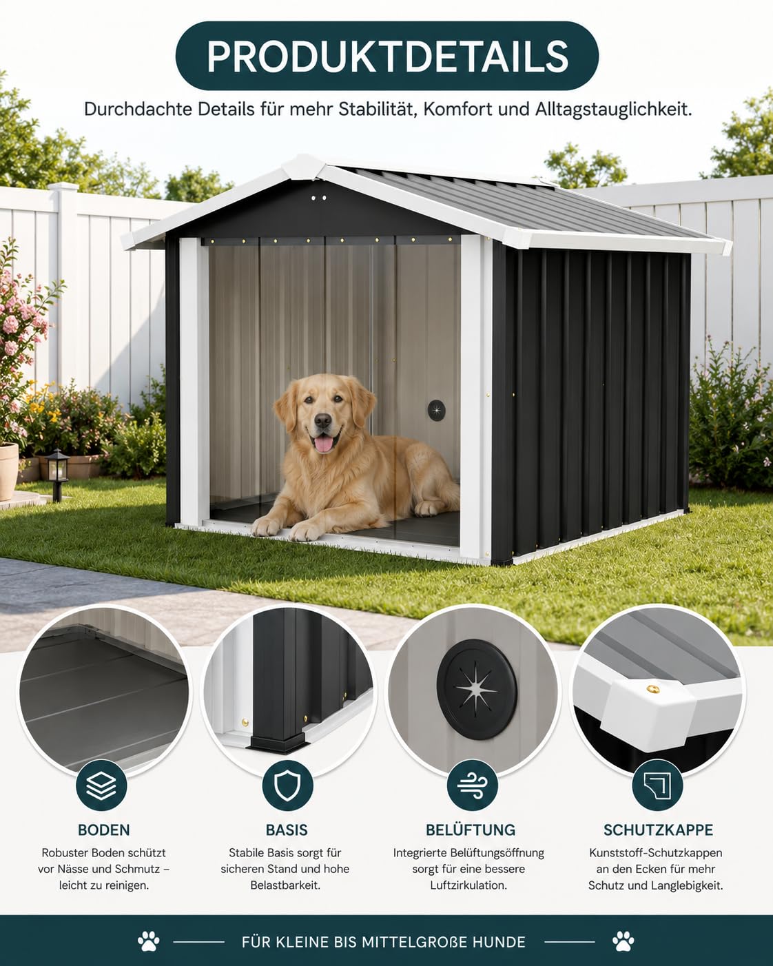 Outdoor Hundehütte wetterfest, Metall Hundehaus für Garten & Terrasse, wasserdichtes Hundehaus mit stabilem Boden, Belüftung & Schrägdach, Haustierhaus für kleine bis mittelgroße Hunde