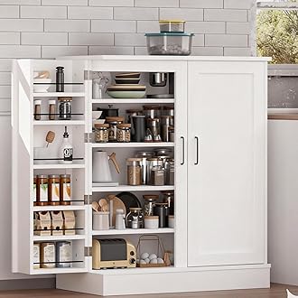 VINGLI 40 Inch Pantry Cabinet with Doors, White Freestanding Kitchen Storage Cabinet for Small Spaces, Food Storage Cupboard with Adjustable Shelves for Dining Room & Living Room, White