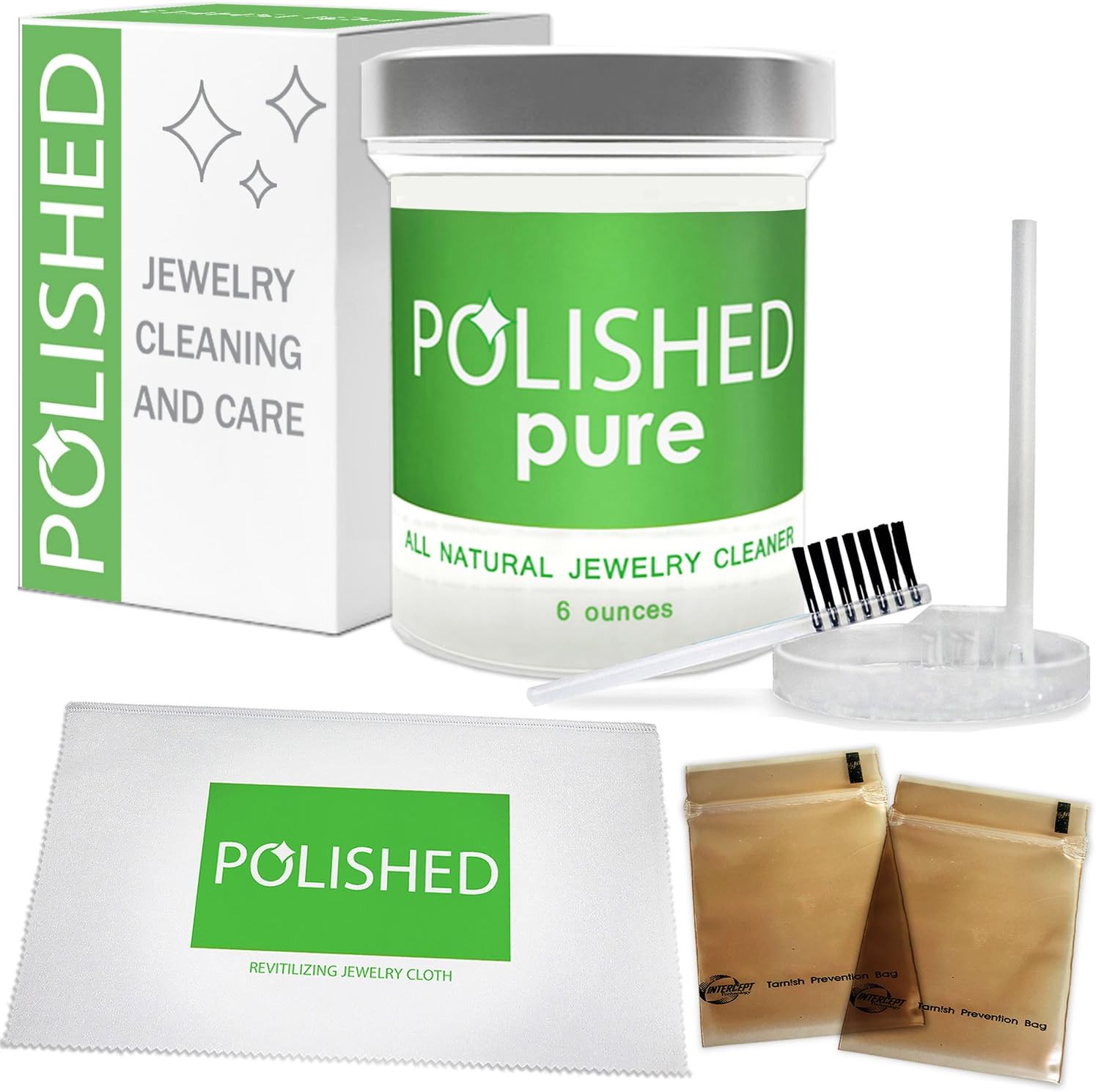 Polished All-Natural Jewelry Cleaner Kit - No Ammonia Jewelry Cleaning Solution, Polishing Cloth + 2 Anti Tarnish Bags | Safe on Skin, Made in USA, Diamond Ring Cleaner, Sapphire, Ruby, Gold Cleaner