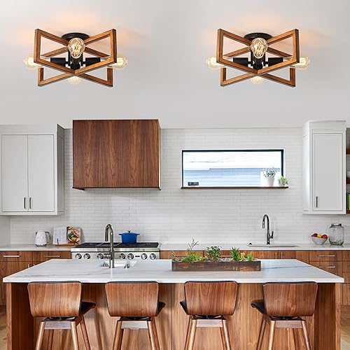 Miniatura 8 de KEESFU Lámpara de techo retro semiempotrada de 4 luces, con acabado de grano de madera de granja, iluminación rústica para dormitorio, sala de