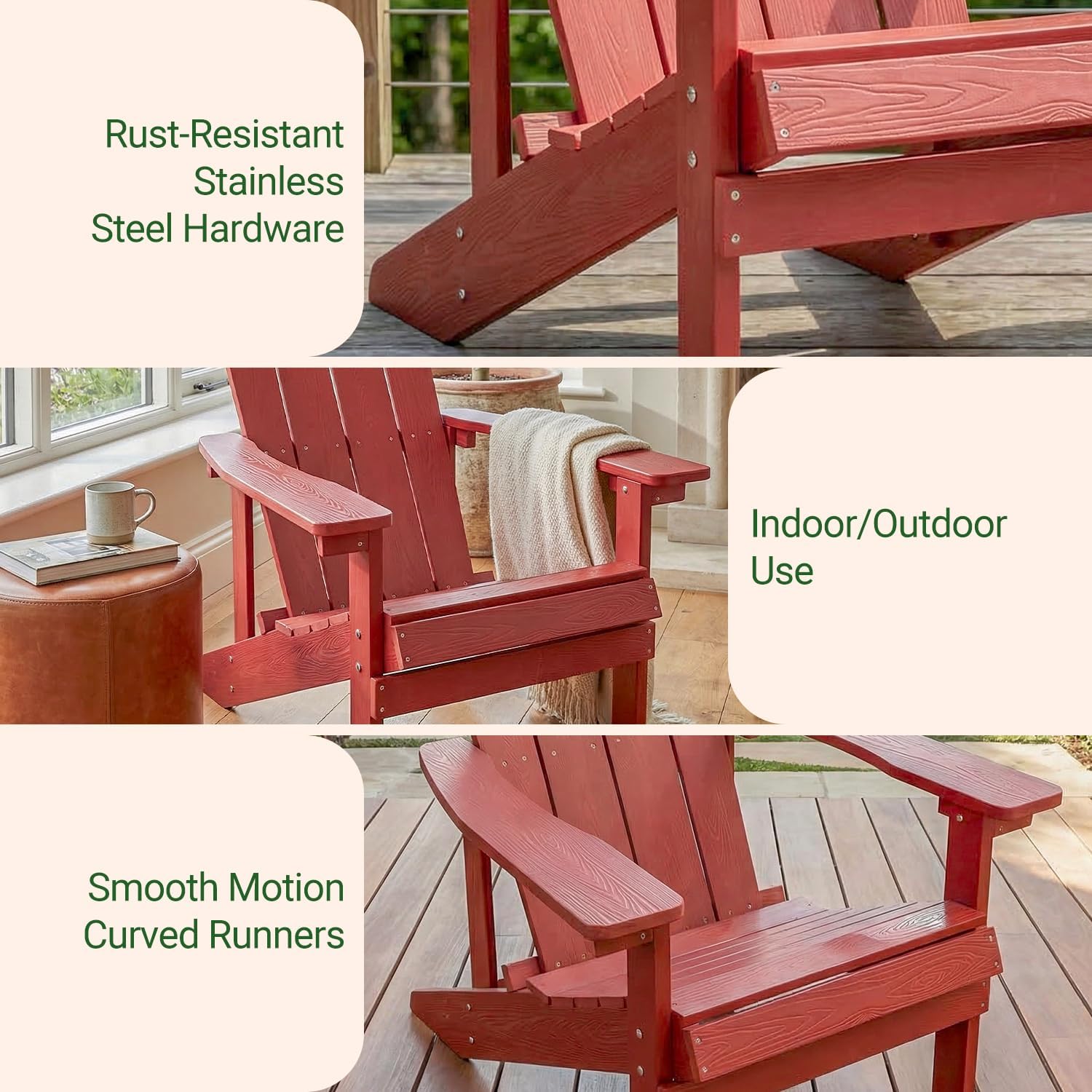 Folding Adirondack Chairs, Weather Resistant, Fire Pit, Lawn Outdoor Chair for Wood Grain Texture Patio Lawn Garden Backyard Deck Poolside Furniture (Red, Set of 2)