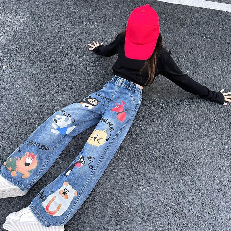Girls Baggy Jeans Cartoon Graphic Denim Pants High Waisted Wide Leg Trousers Teen Kids Elastic Waist Casual Loose Jeans4