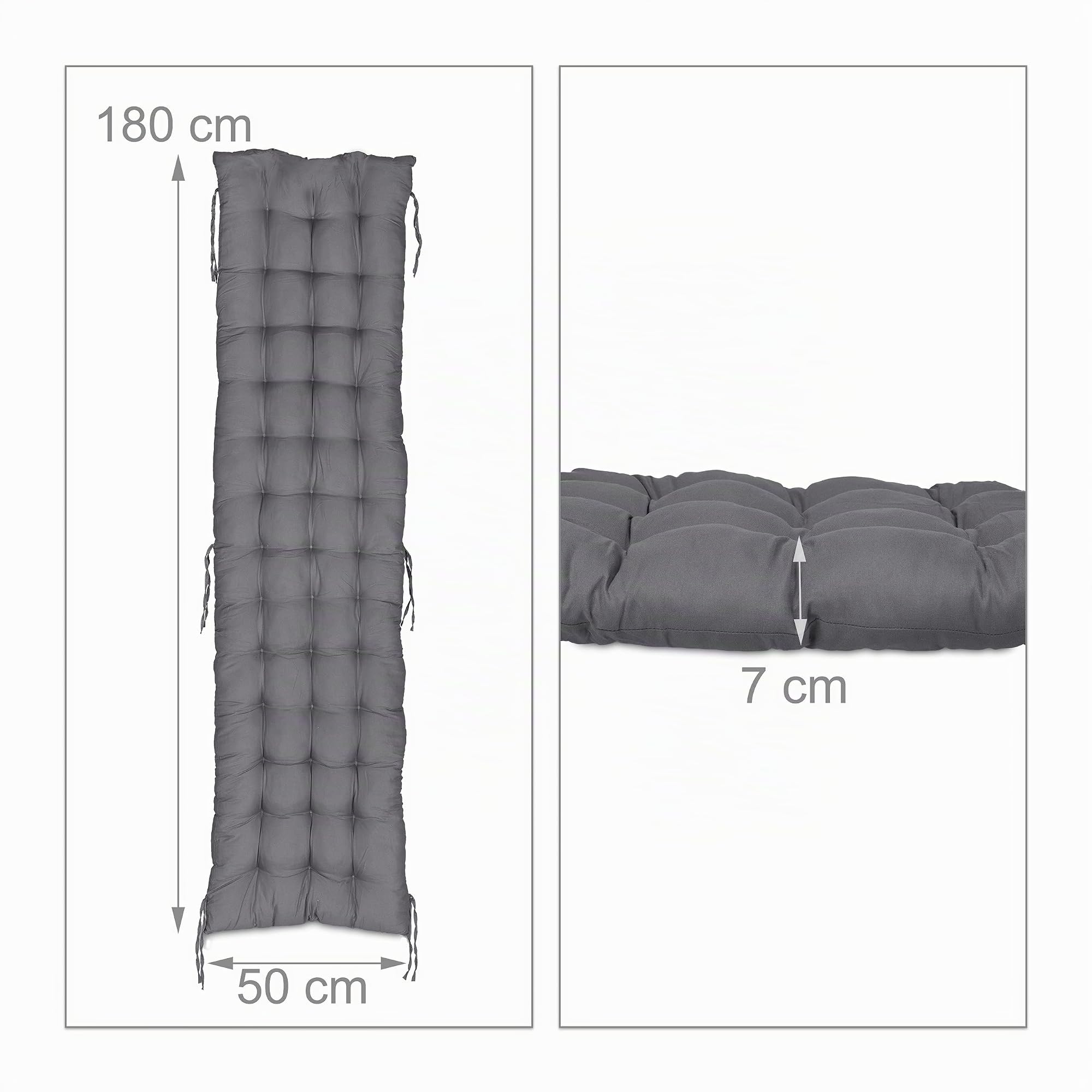 Relaxdays Cuscino per Panchina, da Interni ed Esterni, Tessuto Trapuntato, Poliestere, con Fasce, HLP7x180x50 cm, Grigio