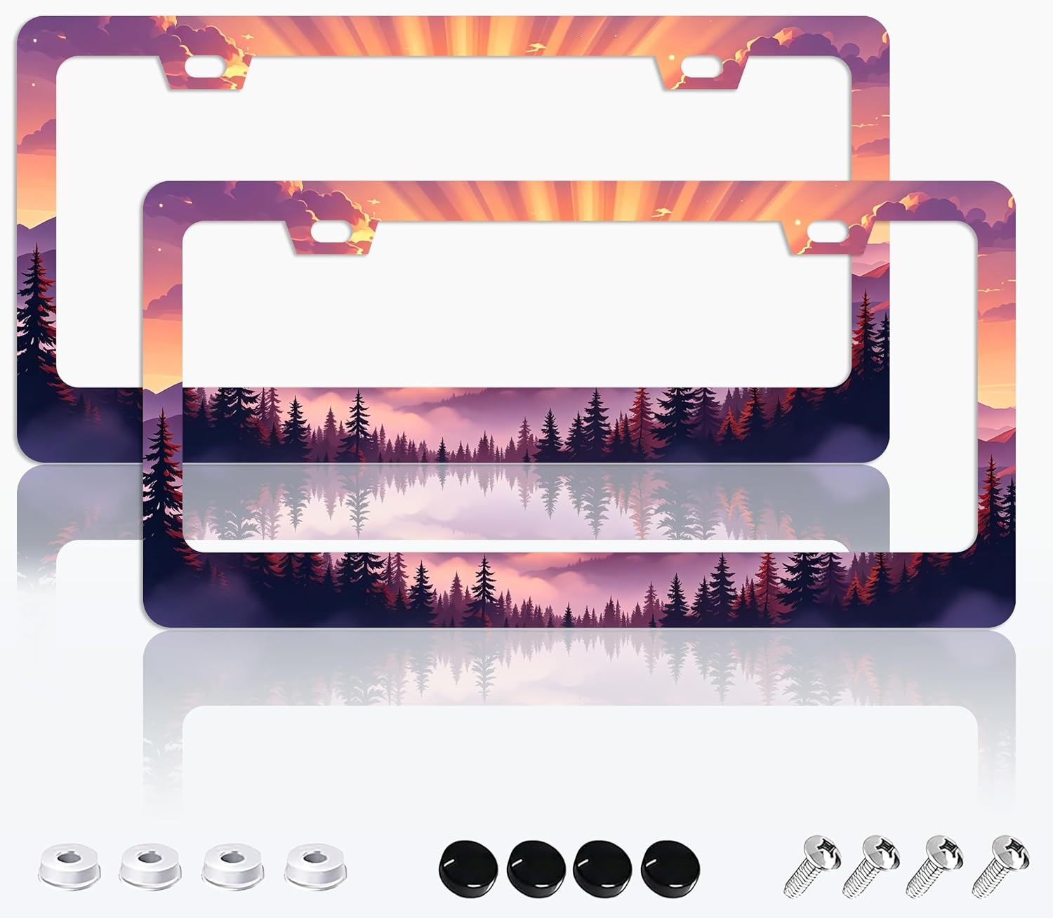 Mountain Forest Glow License Plate Frame - 2 Pcs 2 Holes Stainless Steel Metal Auto Car Accessories Decoration License Plate Frames Cover with Screws Fits Standard US Vehicles 12.2" x 6.3"