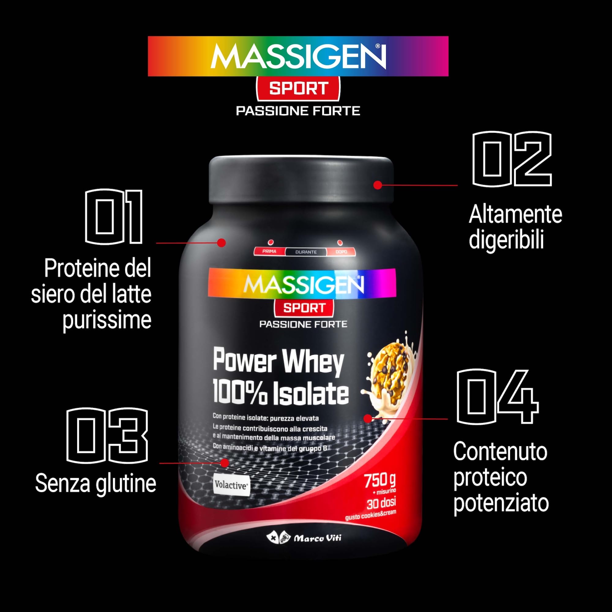 Mass Sport Power Whey 100% Isolate Cookies, 750 g, Integratore Proteico con Proteine del Siero del Latte Isolate, Ricco di Aminoacidi, 25 Dosi, Senza Glutine