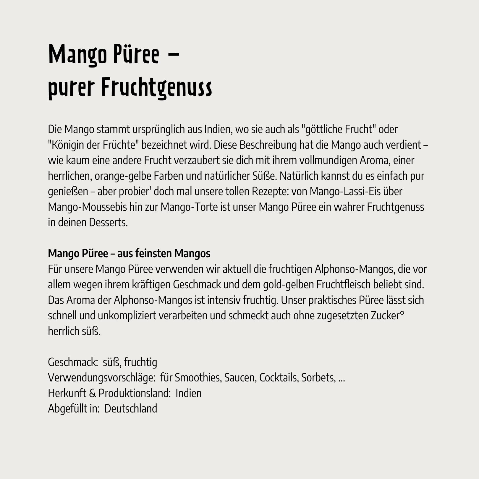 Govinda Mango Püree aus Alphonso-Mangos (975 ml) – 100 % Frucht, ohne Zuckerzusatz I für Smoothies, Desserts, Saucen & Cocktails – Herkunft Indien, abgefüllt in Deutschland