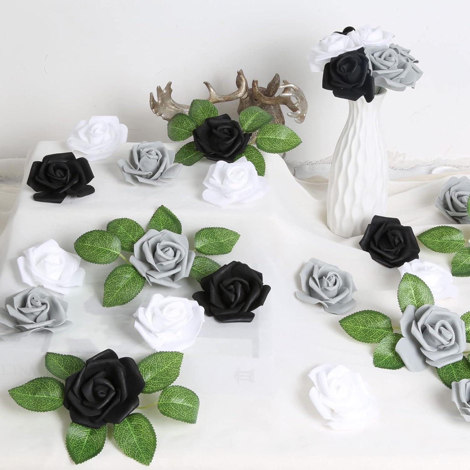 200pcs Black Foam Roses Artificial Flower Heads,3inch White Stemless Fake Rose Bulk Faux Flowers for DIY Crafts,Cake Decoration Wedding,Baby Shower Flower Centerpieces(Black,White,Gray) - Image 2