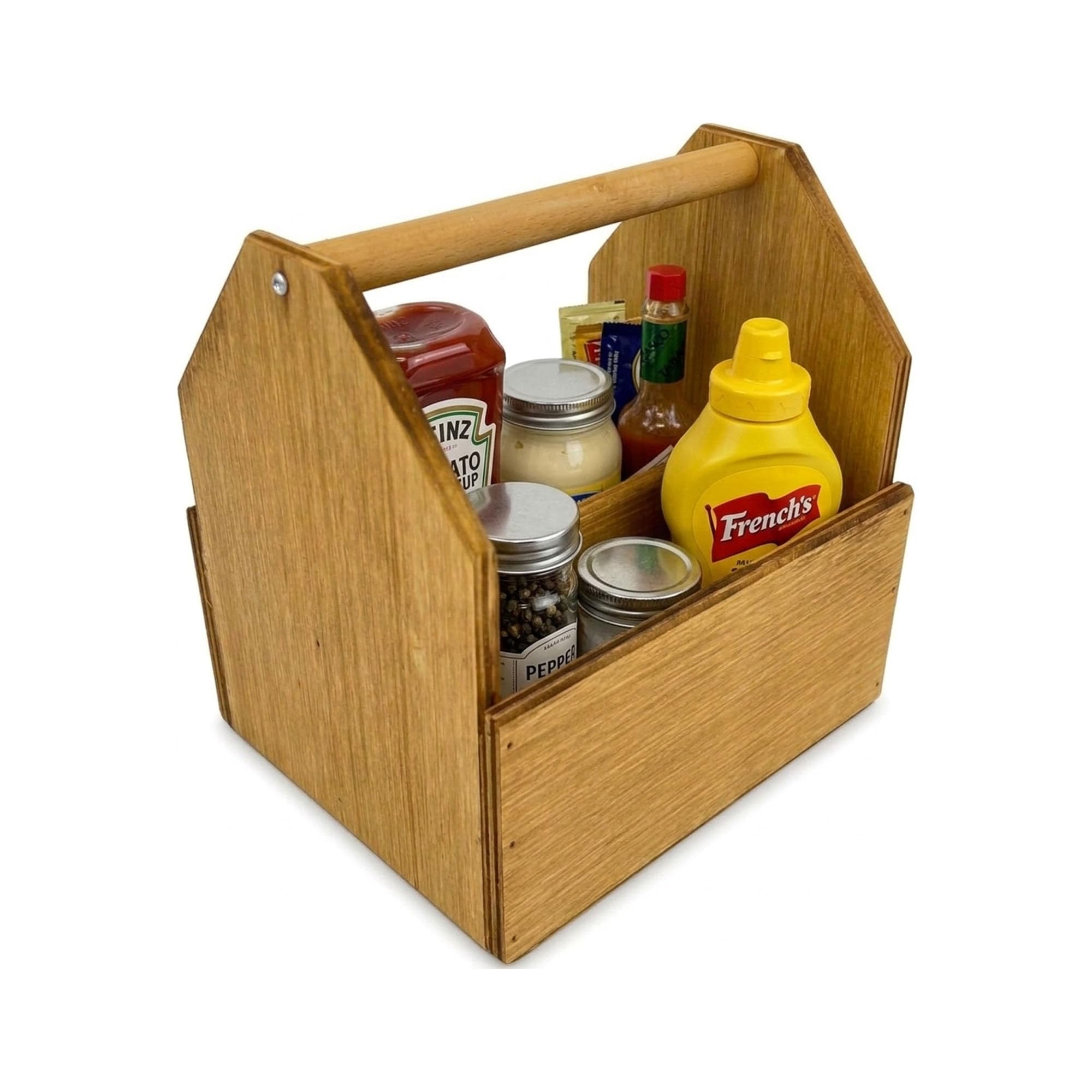 Chabrias Ltd 20cm Wooden Condiment Holder Caddy – Rustic Table & Countertop Organiser for Sauces, Napkins, Cutlery, Sugar & Spices – Kitchen, Café, Bar & Restaurant Table Storage