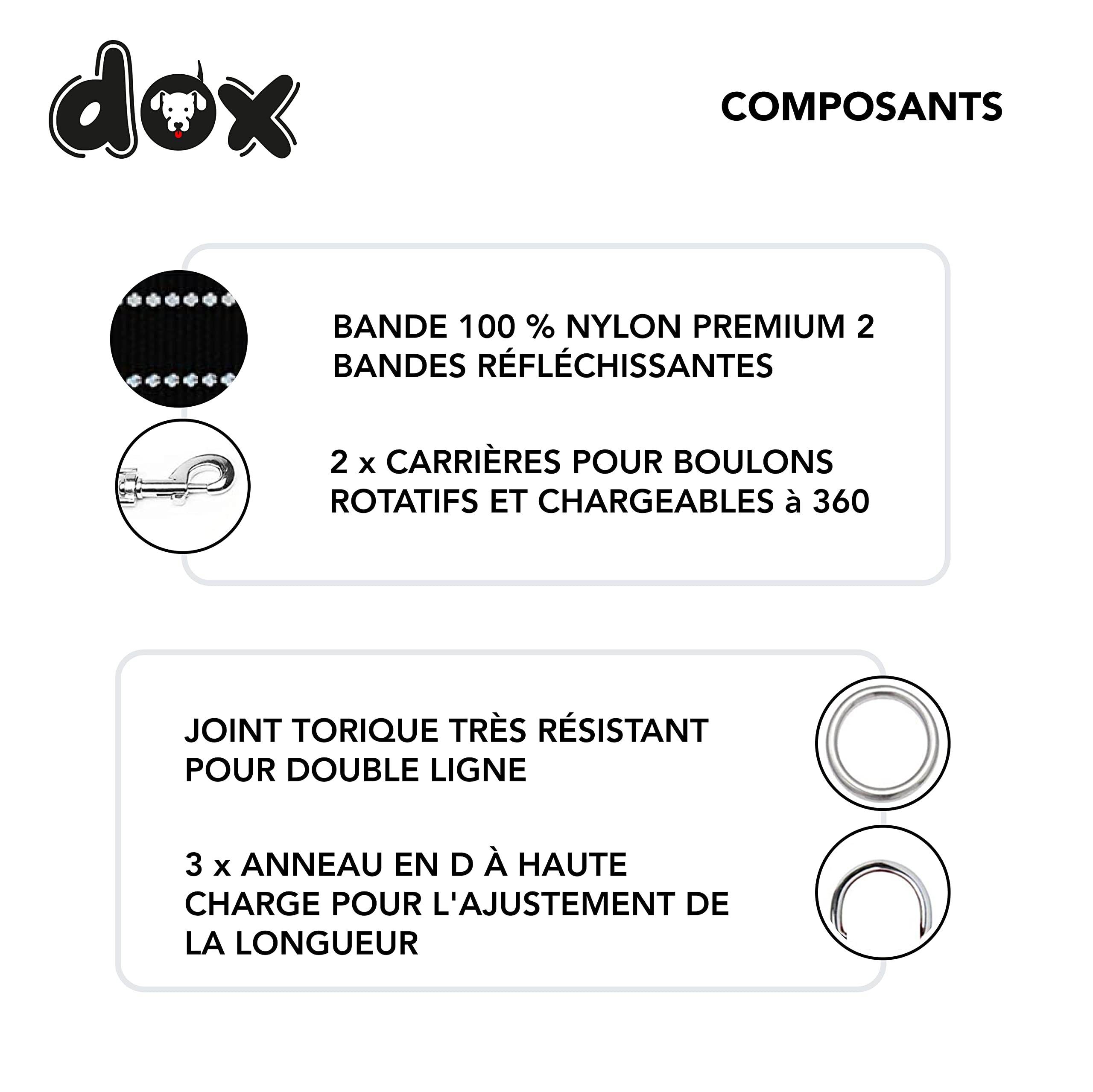 DDOXX Laisse Chien Nylon Réfléchissante, Réglable en 3 Position, 2 m | Nombreuses Couleurs & Tailles | pour Petit, Moyen Gros & Grand | Double laisses Ajustable Chat Chiot | M, Noir, 2m