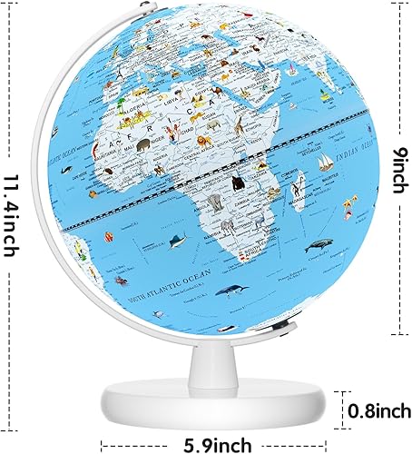 Miniatura 6 de JOWHOL Globo iluminado de 9 pulgadas para niños con ubicaciones del mundo e ilustraciones divertidas, soporte de madera y arco de metal iluminado