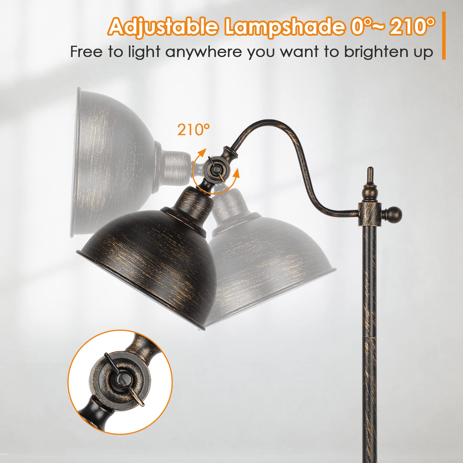 Mlambert Industrial Floor Lamp, 63 Inch Standing Lamp with 11W LED Bulb, Adjustable Metal Heads, Foot Switch, Metal Tall Lamps for Living Room, Bedroom, Office, Vintage Stand Up Light - Rustic Black