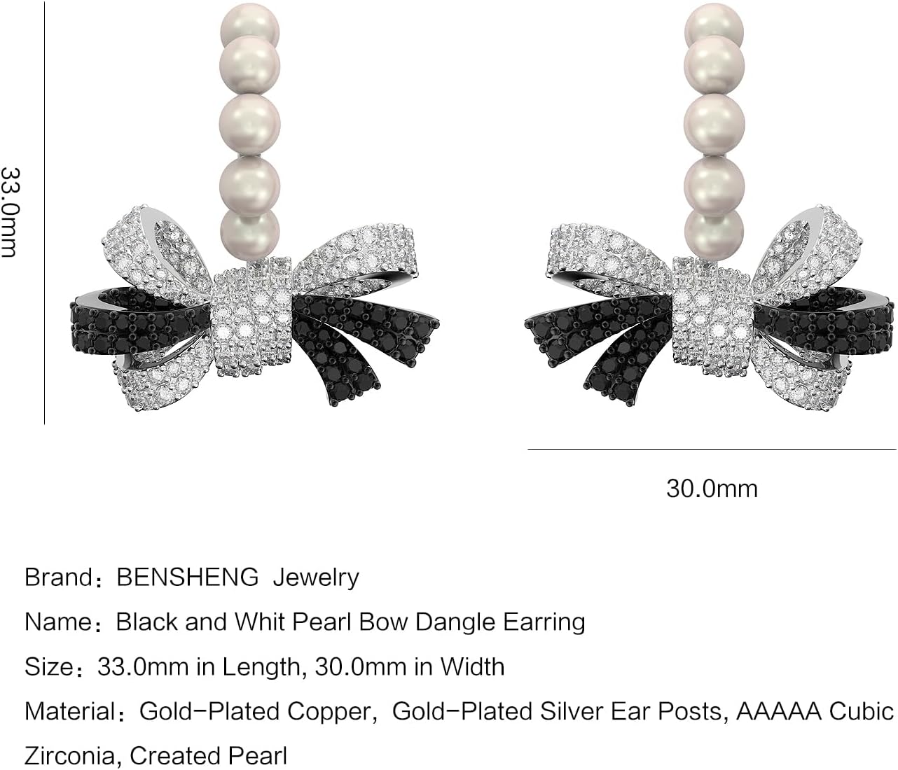 Jewelry Black and White Bow Stud Earrings, Gold-Plated Copper, 5A Cubic Zirconia, 28.5mm Length, 18.5mm Width, Sterling Silver Ear Posts, Hypoallergenic Classic Jewelry Gift