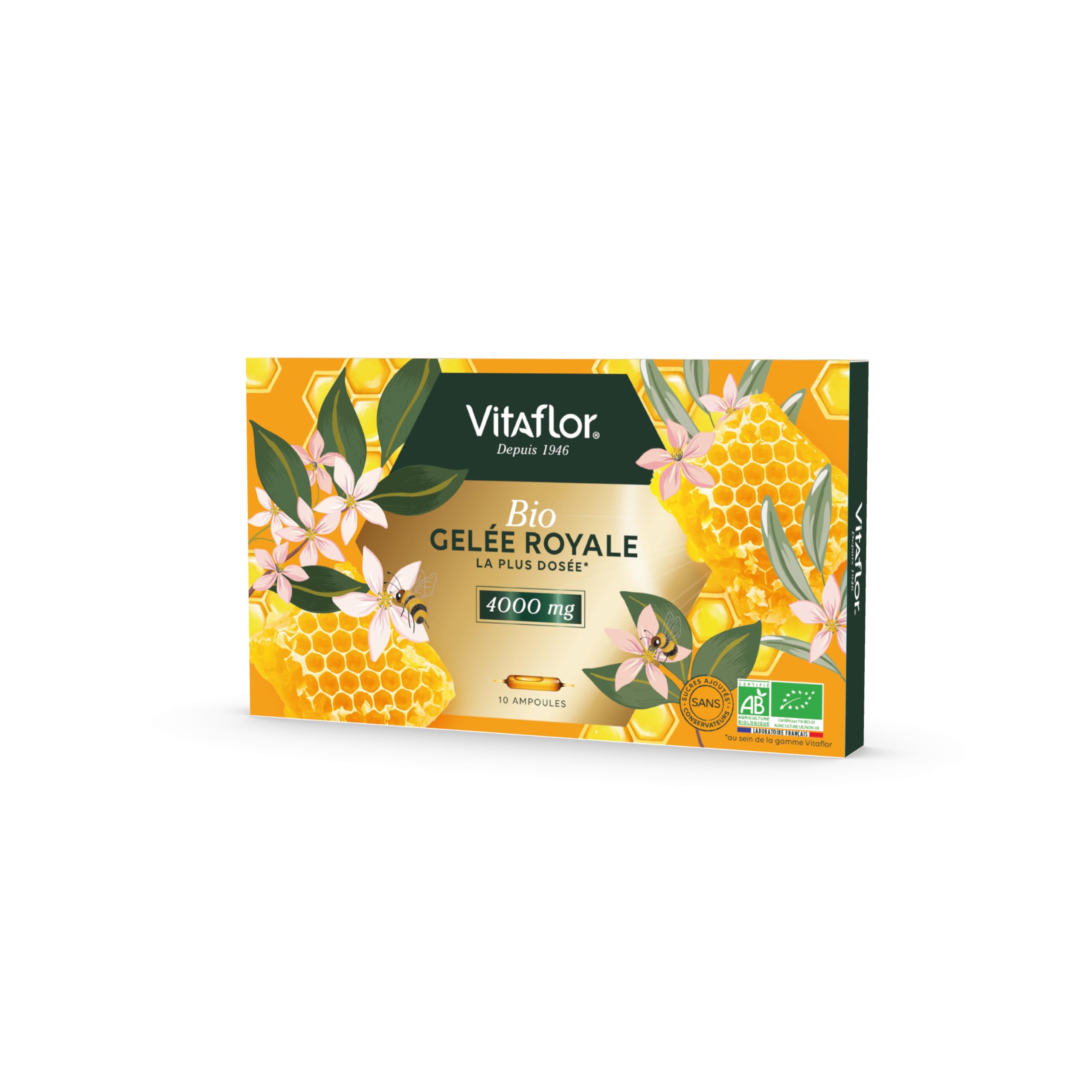 VITAFLOR Gelée Royale Bio 4000 mg | Boîte de 10 Ampoules | Programme de 10 Jours | Goût Orange