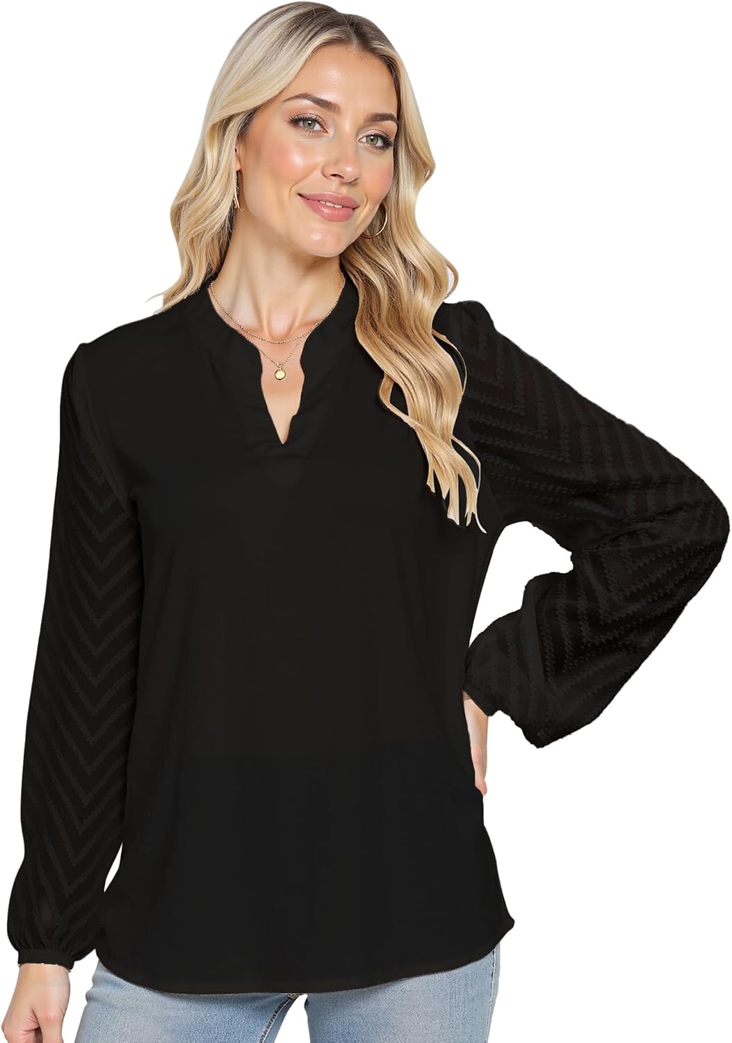 Womens Long Sleeve Blouse Tops V Neck - Image 2