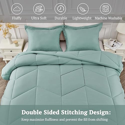 Miniatura 2 de MILDLY Juego de edredón Queen  Juego de edredón azul espuma de mar 100% microfibra lavada súper suave, 3 piezas, edredón acolchado alternativo