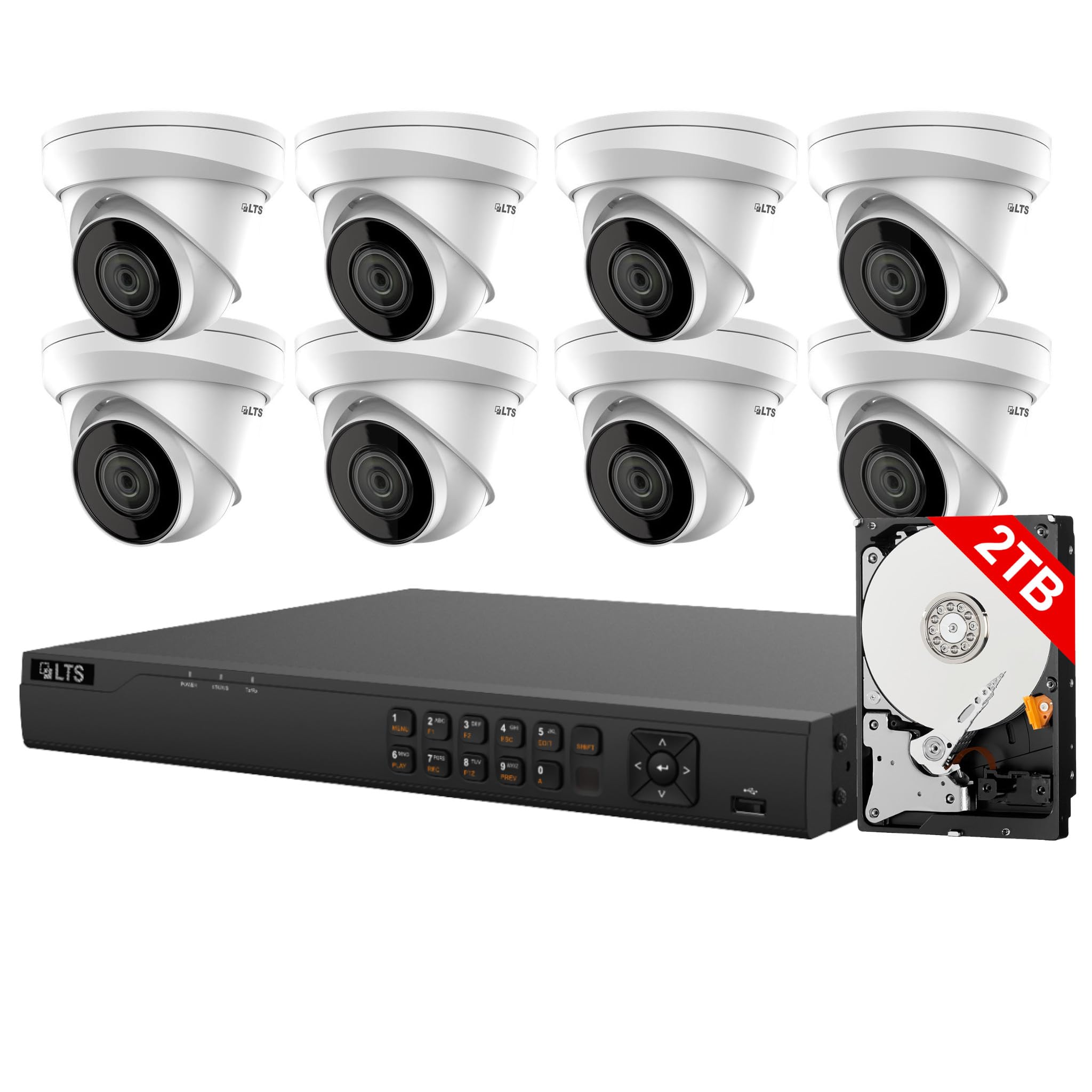 LTS 8ch PoE Security Camera System, 8-ch NVR with 2TB HDD + 4MP IP Cameras (8 Turret Cameras)
