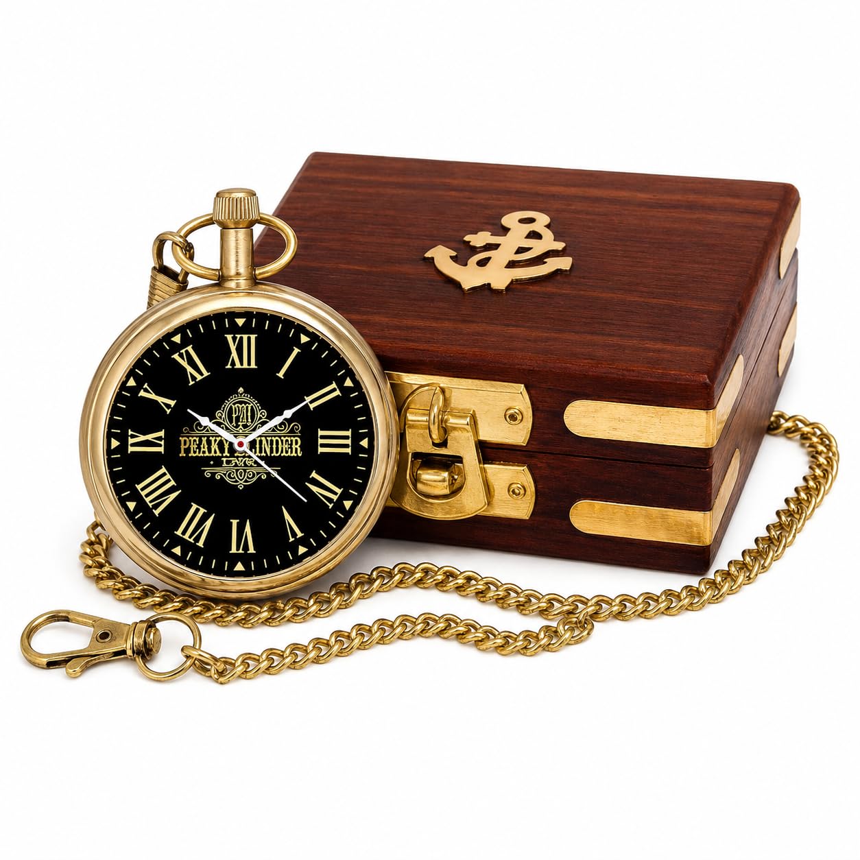 Personalized Brass Pocket Watch for Men with Wooden Gift Box | Open Face Custom Dial & Back Engraving | Vintage Antique Pocket Fob Watch with Chain, 2 Inch