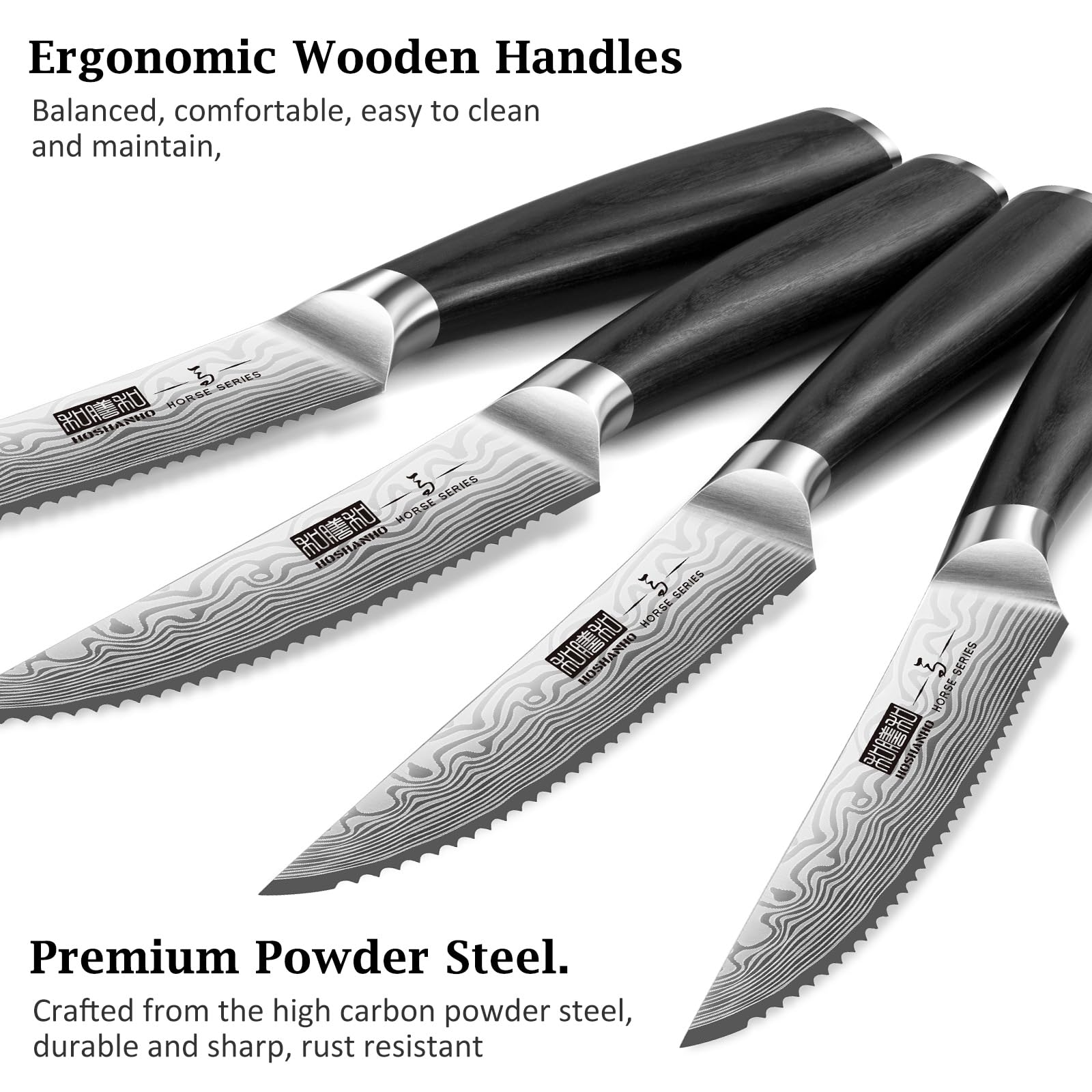 HOSHANHO 6-Teilig Steakmesser-Set, 11,5 cm Steakmesser Set mit Japanischer Wellenschliffklinge, Ultrascharfes Steakmesser aus Pulverisiertem Kohlenstoffstahl mit Pakkaholzgriff