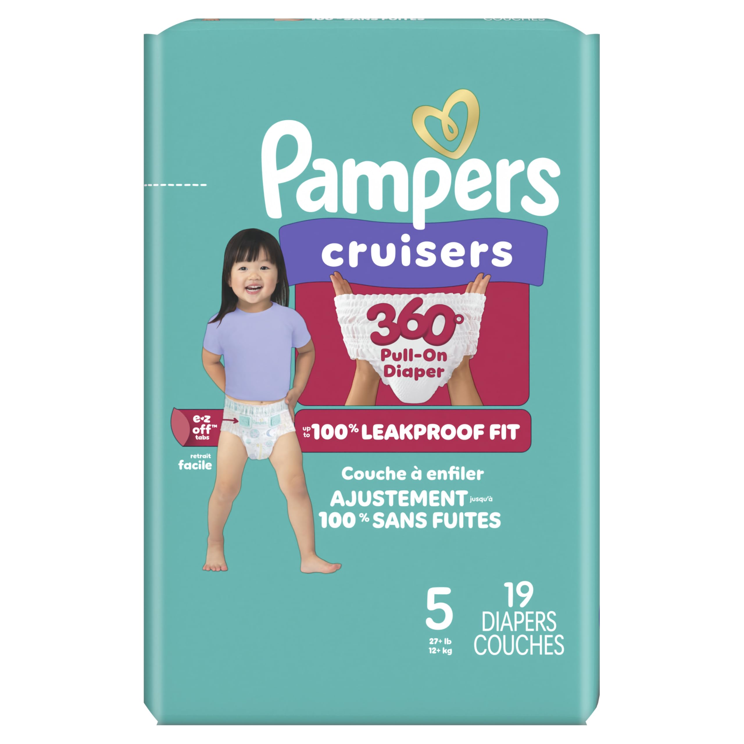 Diapers - Cruisers 360 - Size 5, 19 Count, Babyproof up to 100% Leakproof Pull-On Diaper (Packaging May Vary)