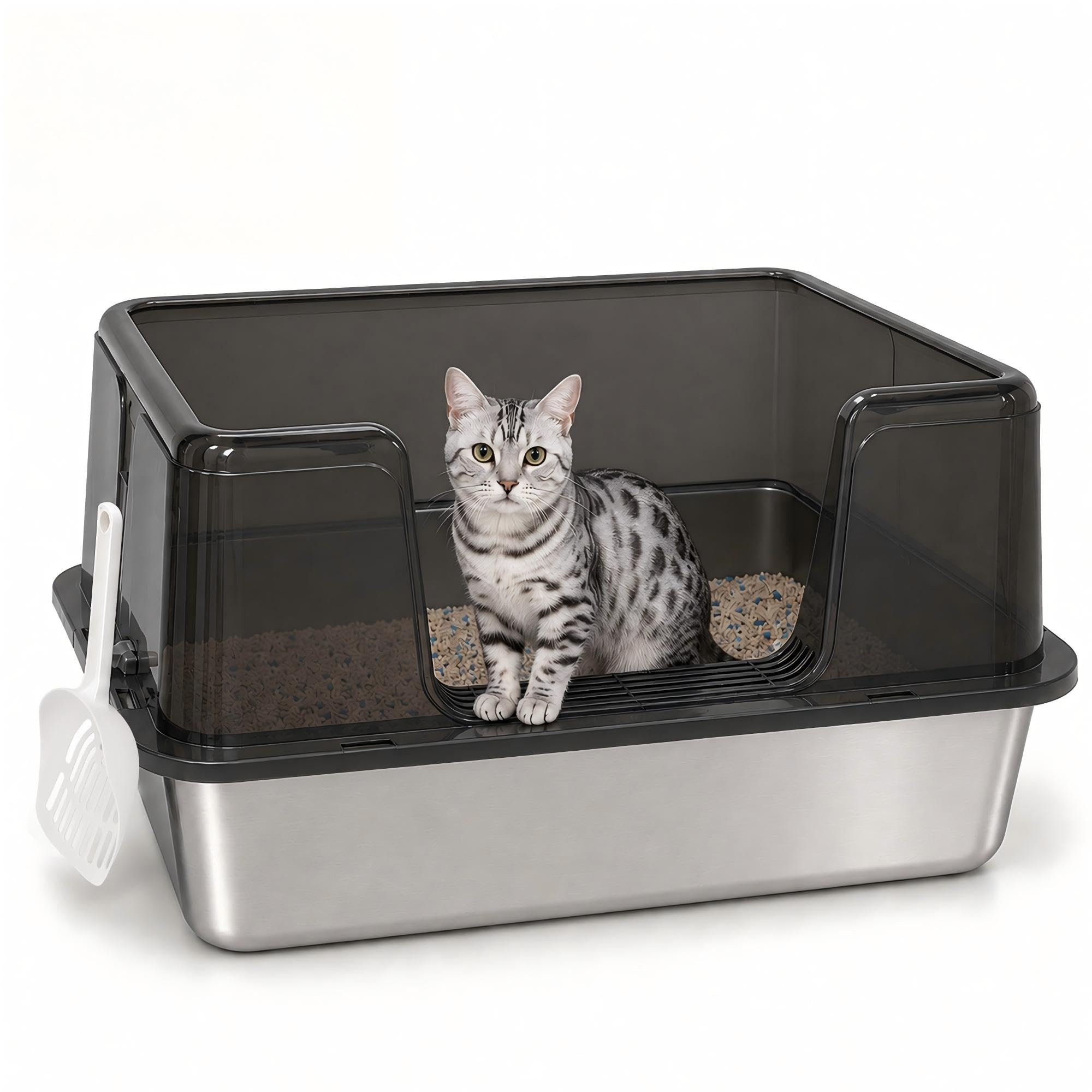 Stainless Steel Cat Litter Box with Lid – 30L Large Metal Litter Pan, Never Absorbs Odors, Easy to Clean, High Sided Enclosure for Large Cats & Kittens (Black)