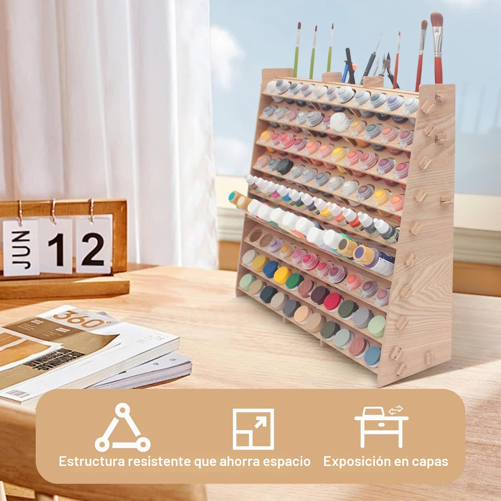 Organizador de pintura de madera extra grande de 9 niveles con capacidad para 99 botellas y estante para pinceles de pintura para acrílico, aceite, manualidades, pasatiempos, mini modelos