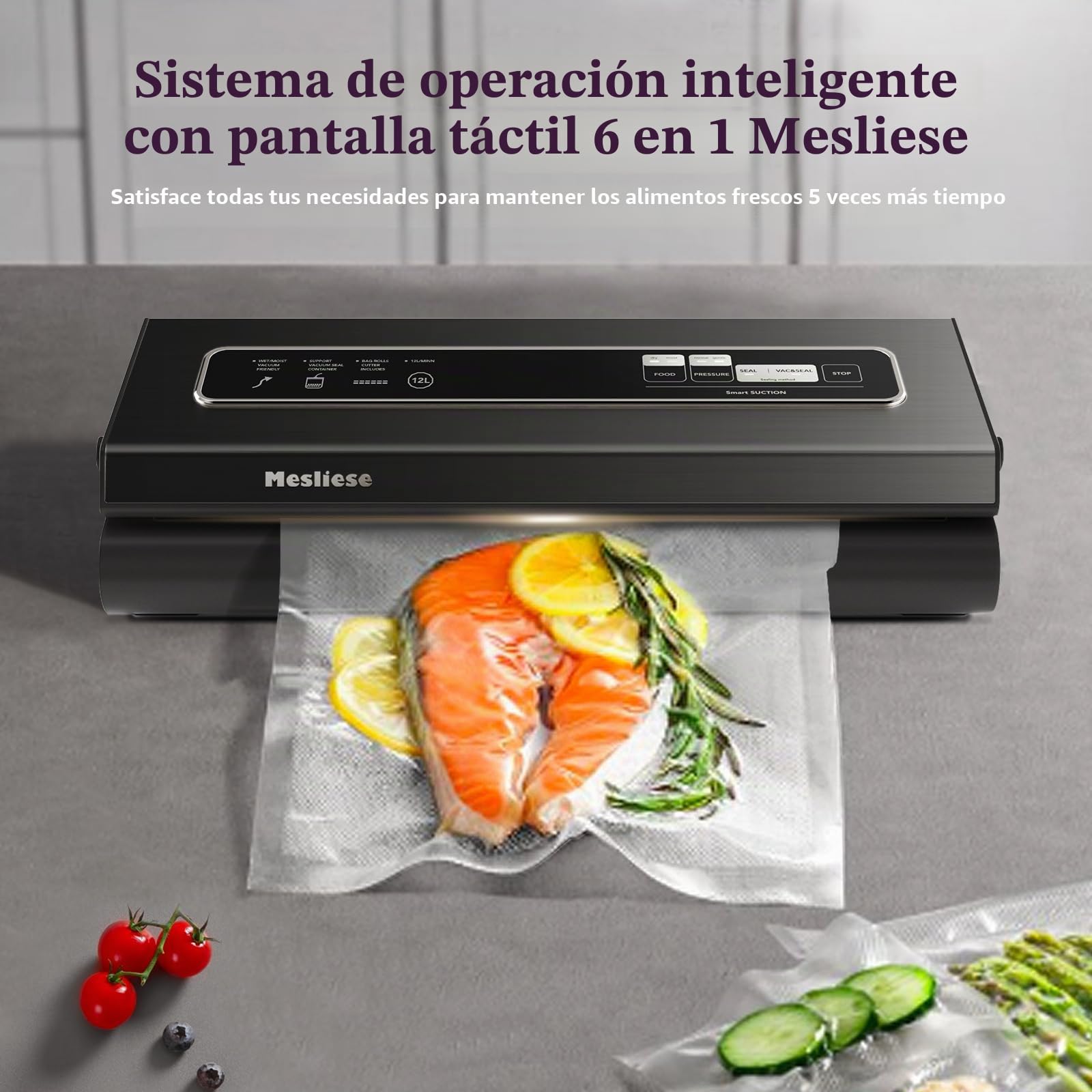 Mesliese - Máquina de envasado al vacío para alimentos, 90 kpa, potente máquina de envasado al vacío, 6 en 1 compacta de alimentos, 2 rollos de bolsa y 5 bolsas precortadas (gris)