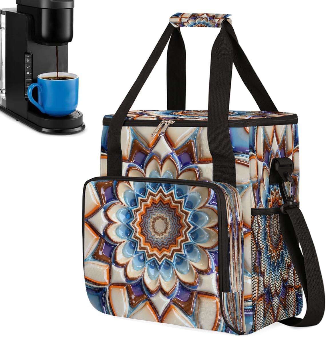 Mandala Design Portable Coffee Maker Carrying Bag Compatible with Keurig K-Mini/K-Mini Plus - Travel Storage Tote with K-Cup Pod Pockets for Single Serve Coffee Brewer