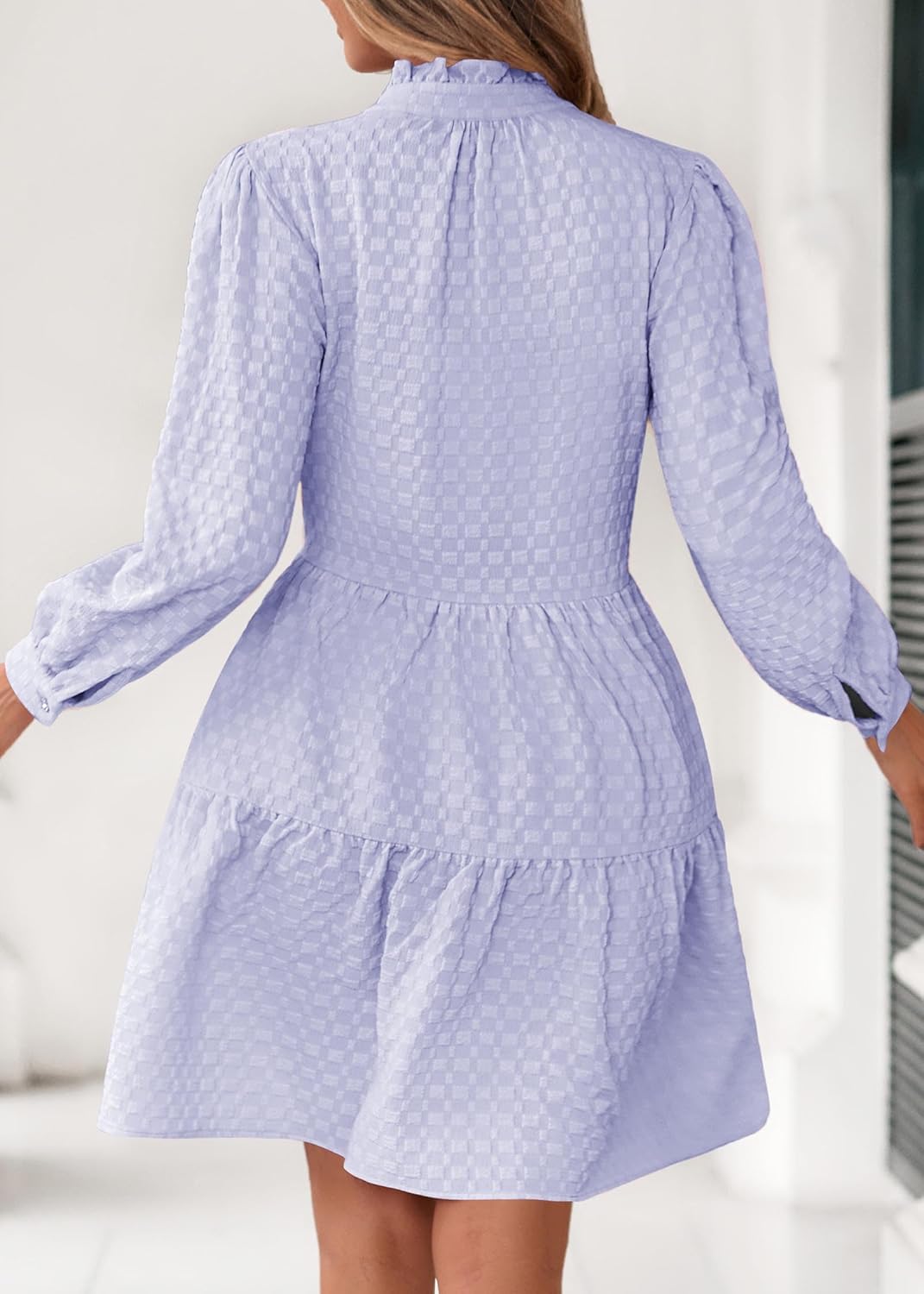 Lazysmile Dresses for Women Long Sleeve V Neck Button Down Ruffled Flowy Fall Casual Babydoll Tunic Dress - Image 2