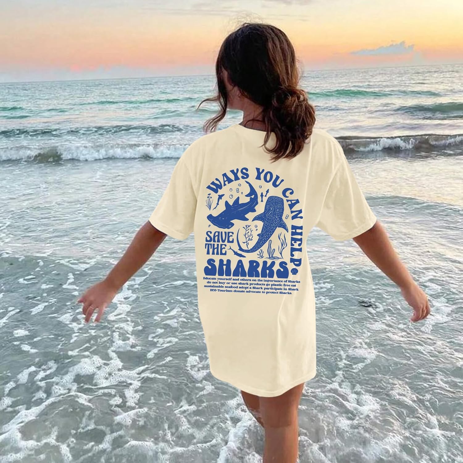 Whale Shark Oversized Shirt for Women Ocean Letter T Shirts Aesthetic Graphic Tees Beach Casual Loose Tops - Image 3