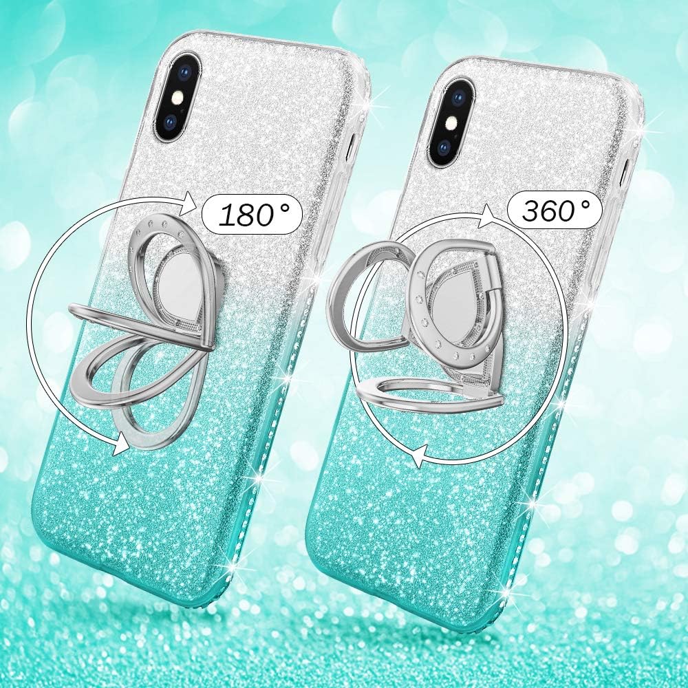 Maxdara Case for iPhone X iPhone Xs Glitter Case Ring Grip Holder Gradient Kickstand Series Bling Sparkle Diamond Rhinestone Bumper Luxury Pretty Girls Women Case X Xs 5.8 inches (Silver Teal)