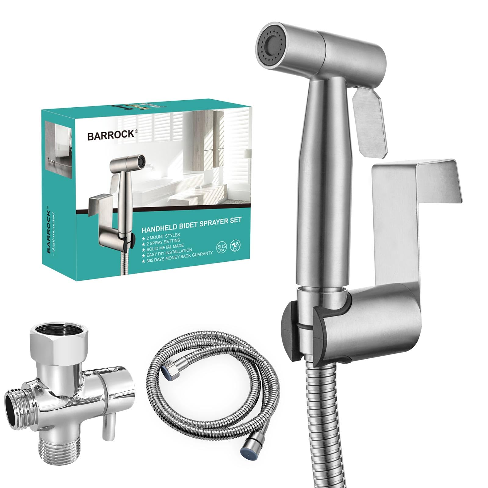 BARROCK Bidet Sprayer for Toilet, Handheld Jet Spray for Existing Toilets with Bidet Hose, Adjustable Water Pressure Muslim Shower, Cloth Diaper/Feminine Wash Sprayer (1, Brushed Nickel)