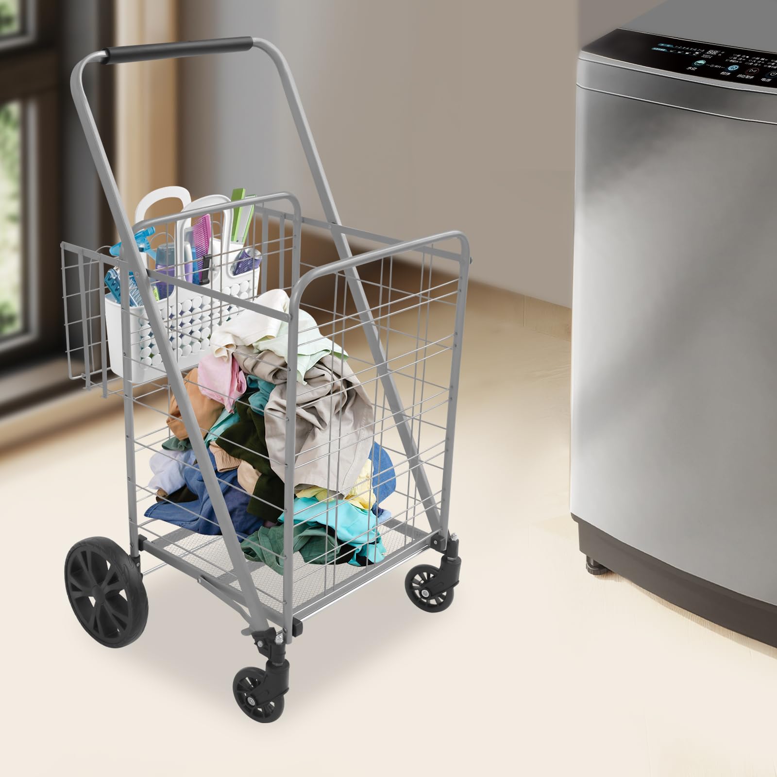 Carrello per la spesa, pieghevole, doppio cestino per la spesa, in ferro, portatile, con ruote fino a 50 kg, per biancheria, shopping, bagagli