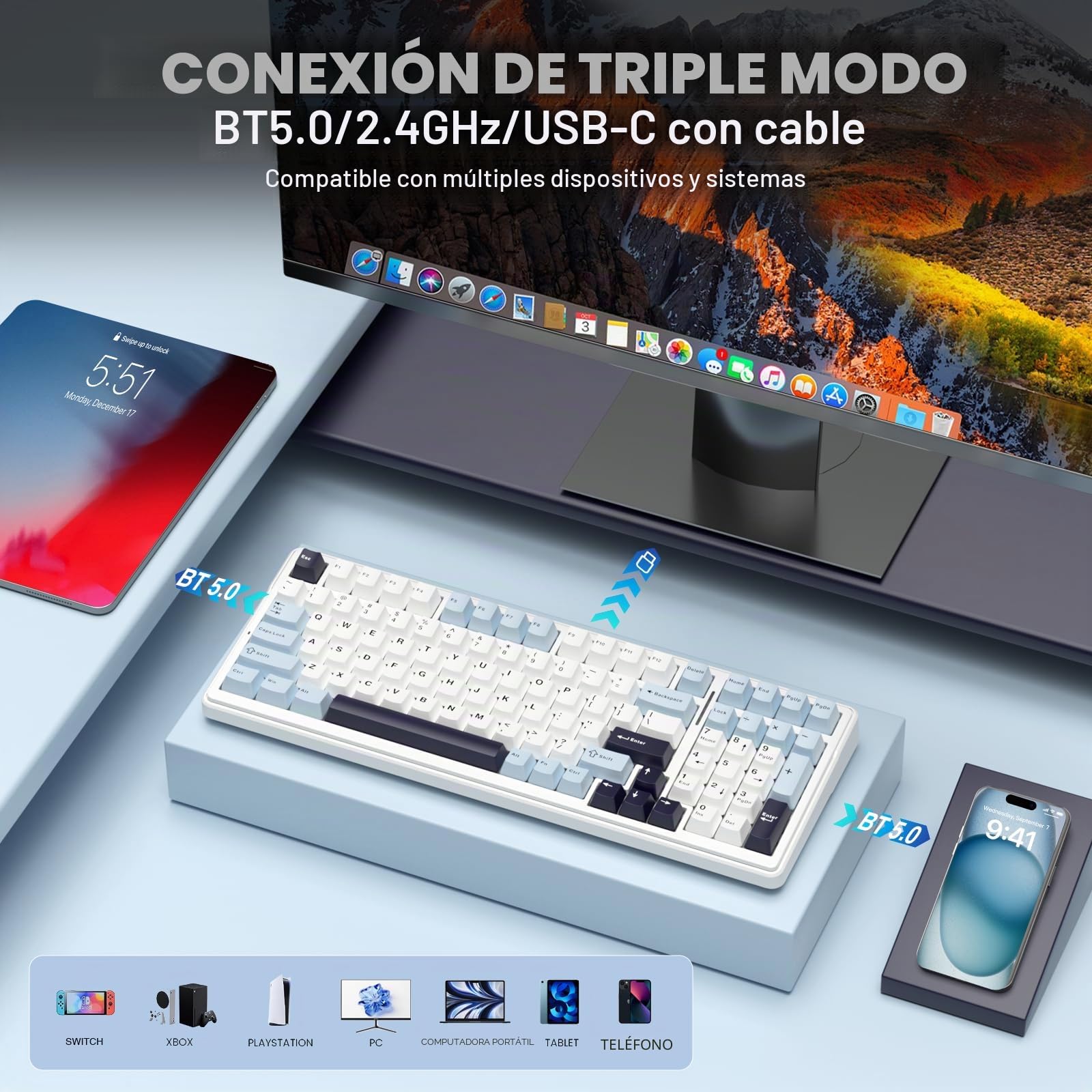 AULA F99 Teclado mecánico inalámbrico, teclado personalizable intercambiable en caliente, interruptores lineales pre-lubricados, estructura con junta, teclado para juegos retroiluminado RGB (azul y