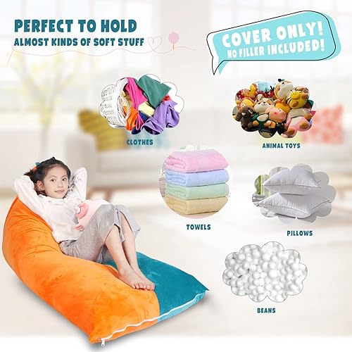 Miniatura 48 de LOLOMLO Funda para puf de almacenamiento de animales de peluche, terciopelo rosa, organizador de asiento para niños, adolescentes y adultos, sofá