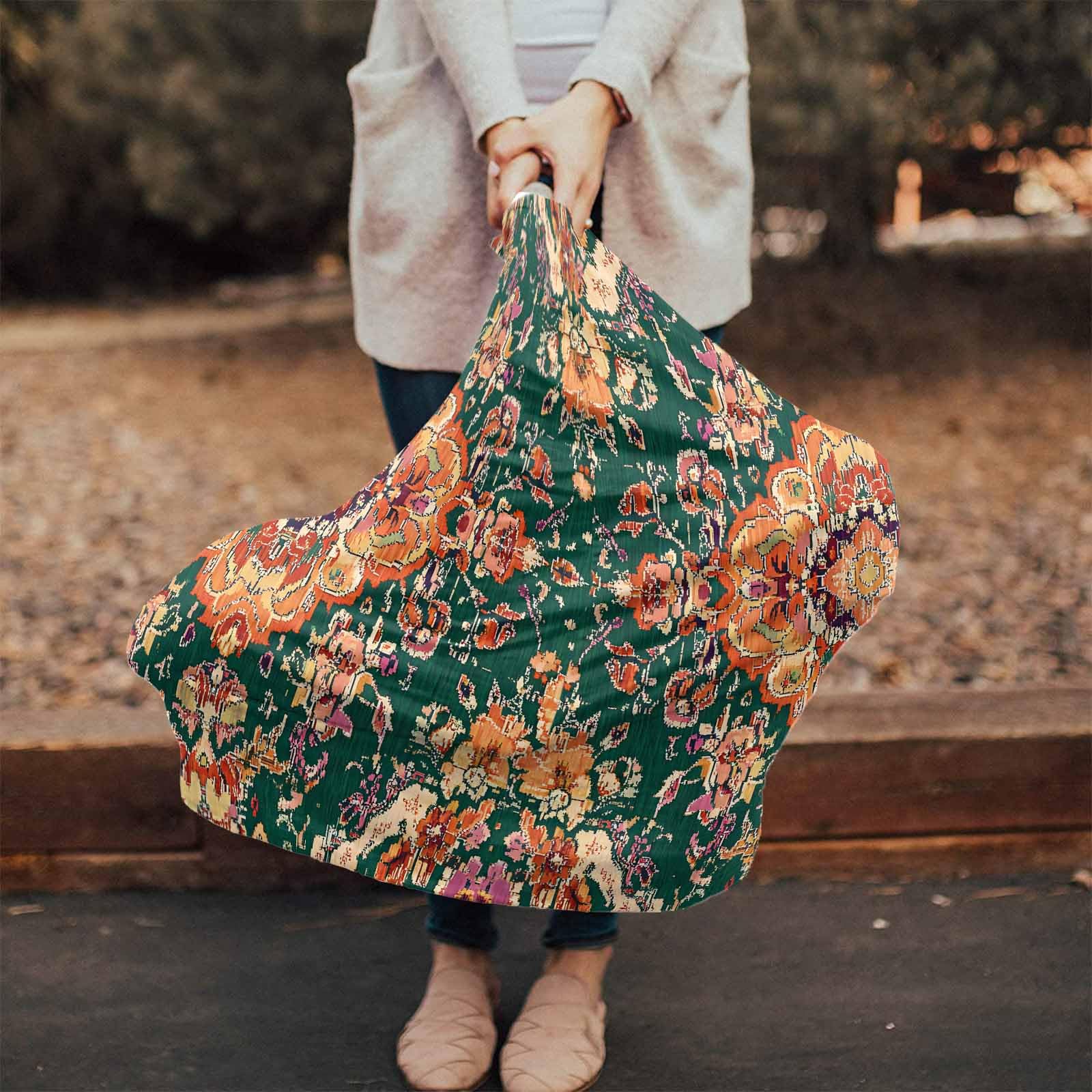 Abstract Ethnic Art Nursing Cover for Breastfeeding Scarf, Dark Green Orange Boho Floral Baby Car Covers Super Soft Multi Use for Canopy Shopping Cart Cover Blanket Stroller Cover