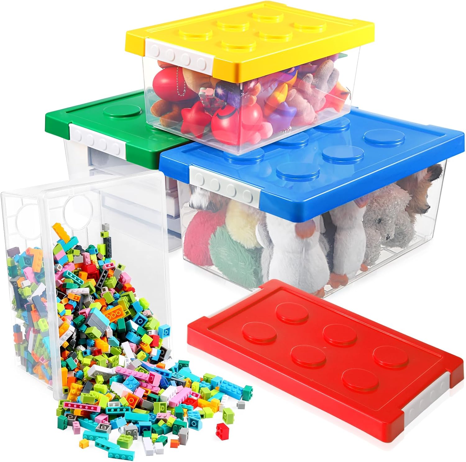 Vicenpal 4 Pack Toy Storage Containers with Lids Brick Shaped Kids Toy Organizer Box Plastic Clear Stackable Bin Chest for Building Block Dolls(Large, X-Large,Red, Yellow, Blue, Green) Red, Yellow, Blue, Green Large, X-Large