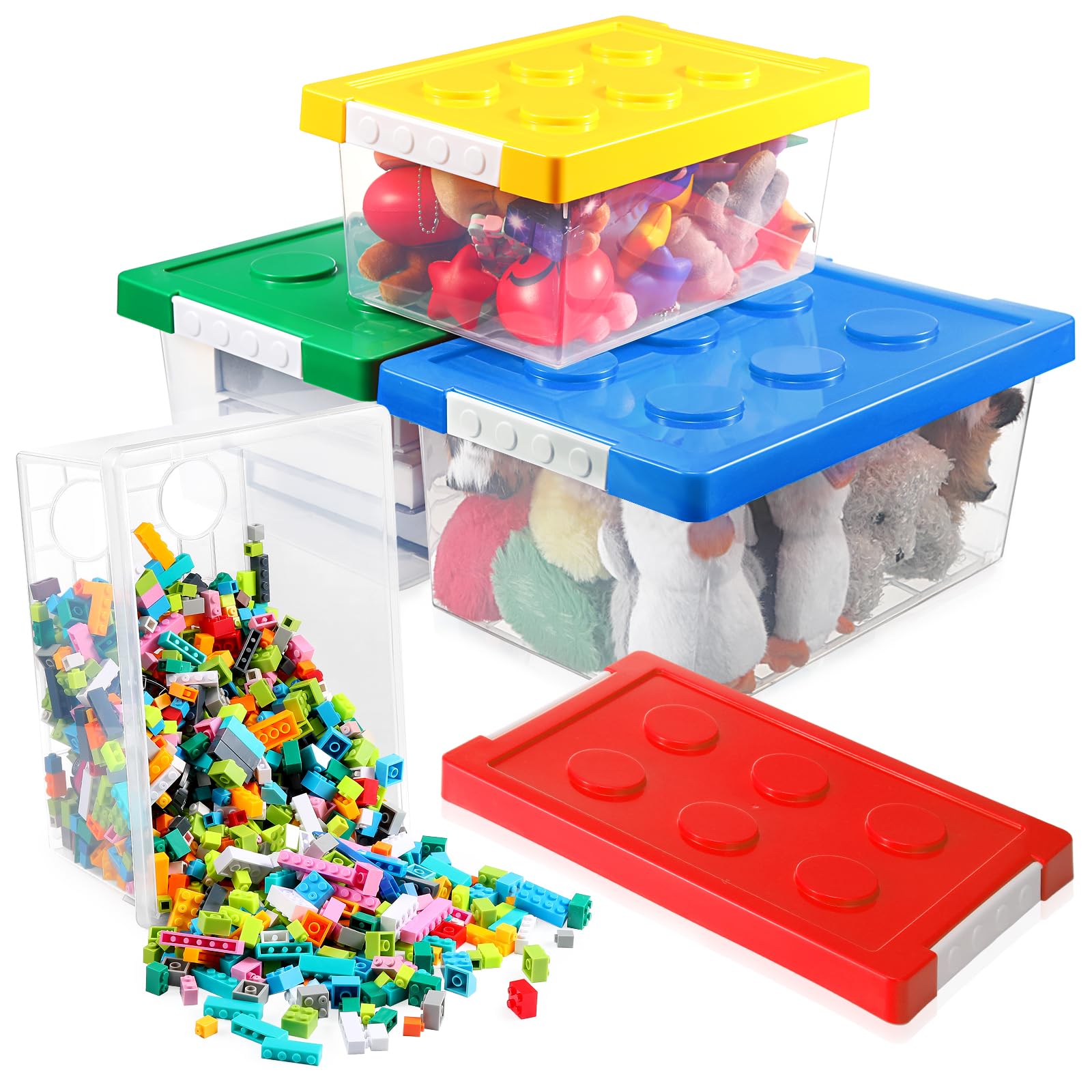Vicenpal Aufbewahrungsbehälter für Bauspielzeug mit Deckel, Ziegelform, Kinderspielzeug, Organizer, Boxen, Kunststoff, transparent, stapelbar, Spielzeugbehälter für Bausteinpuppen (Rot, Gelb, Blau