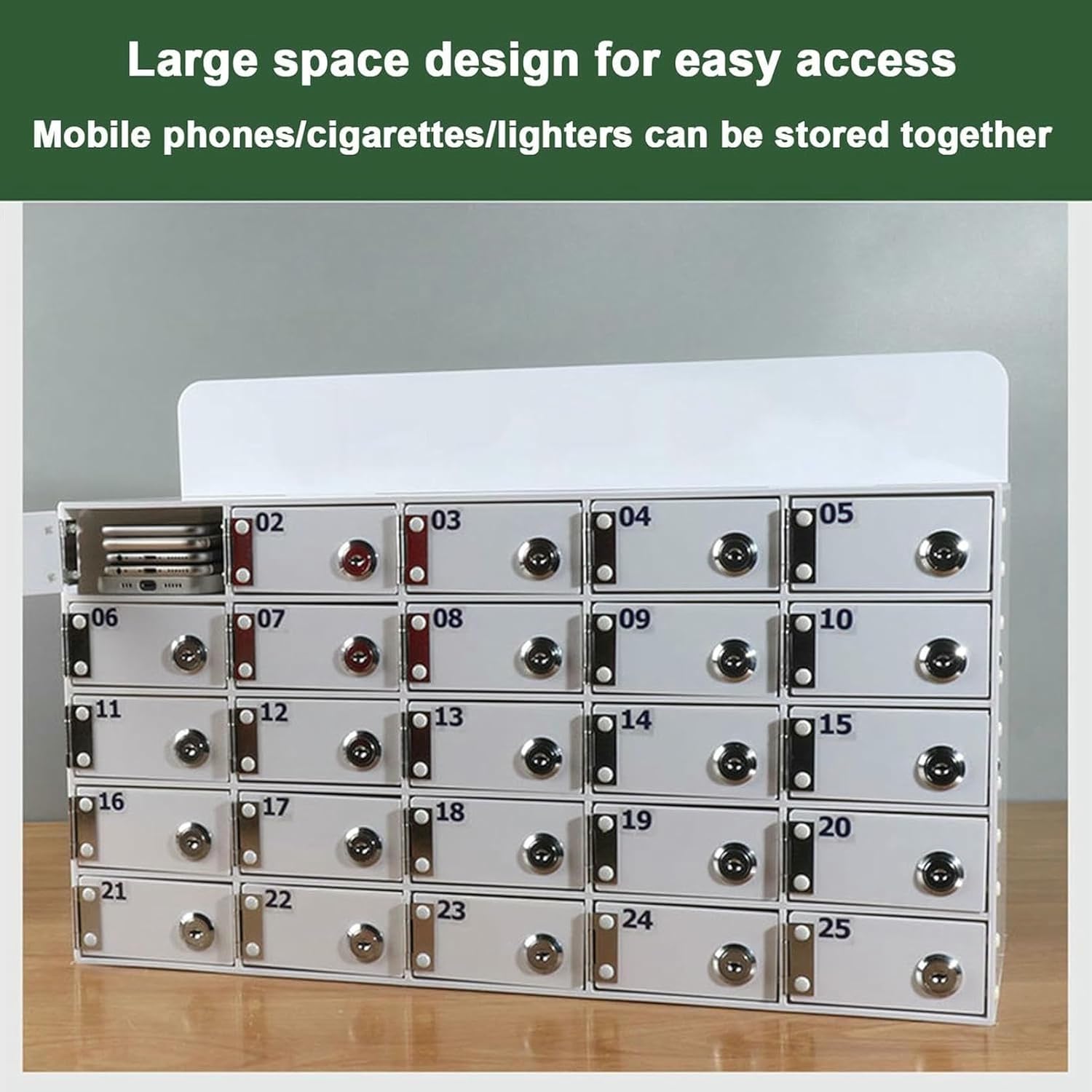 Acrylic Cell Phone Locker Box with Door Locks and Keys, Storage Cabinet for 25 Phones Classroom and Office Phone Organizer Secure Staff Lockers