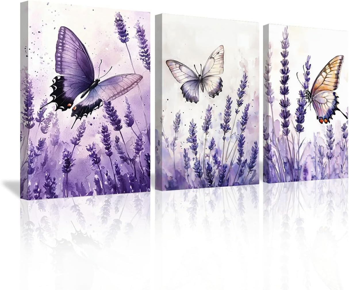 SWQYLB Lavender Canvas Wall Art 3 Pieces Lavender with Butterfly Canvas Prints Watercolor Floral Butterflies Picture Purple Bathroom Wall Decor Framed (11x14inchx3 Pieces)