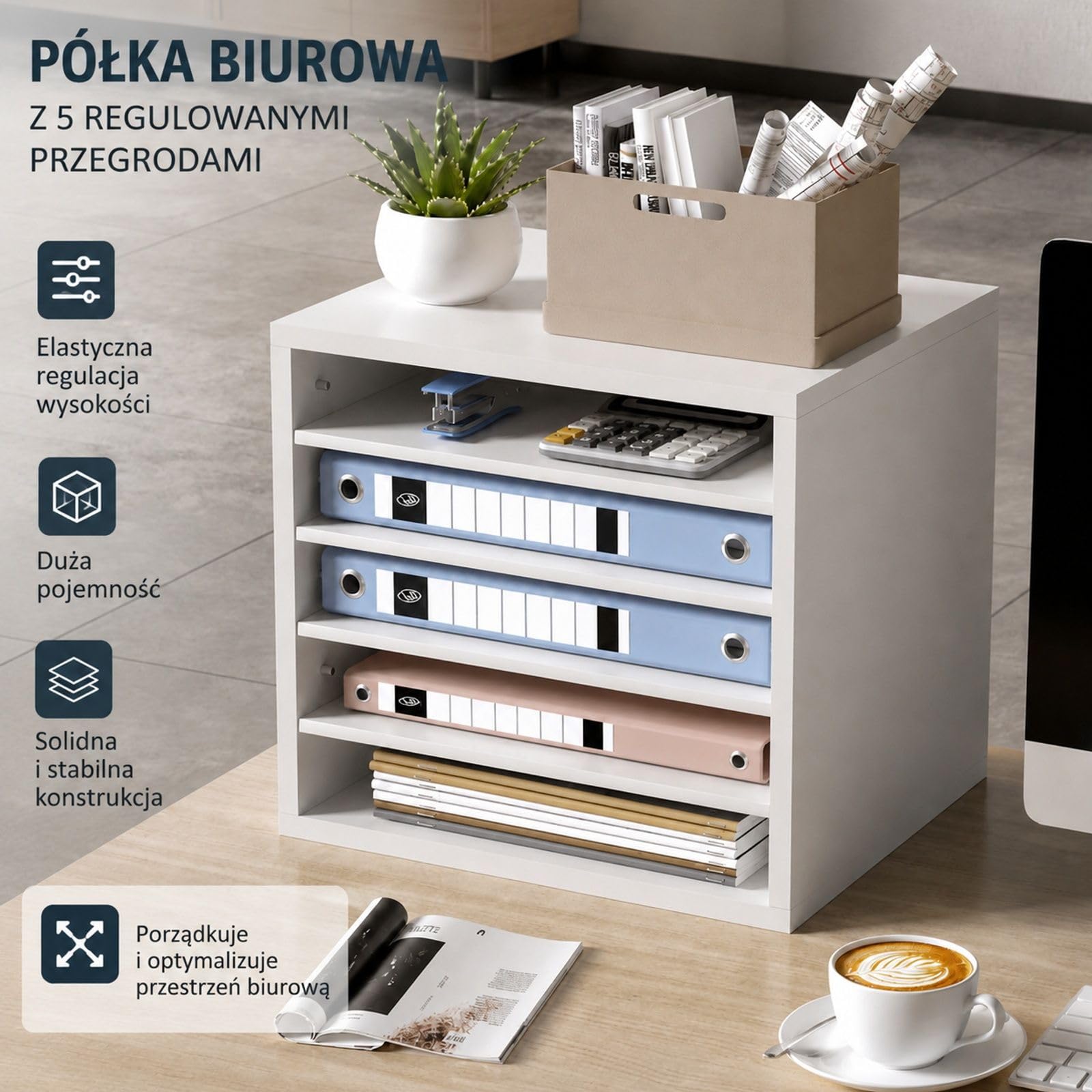 Biały sorter na dokumenty z 5 przegródkami, regulowane półki, taca na papier A4 do biura, domu i sali lekcyjnej