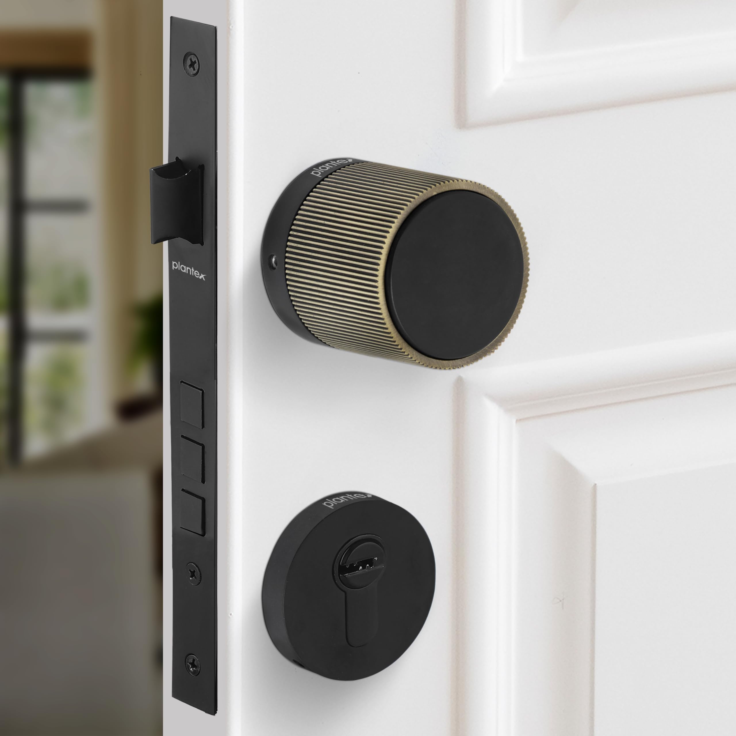 Plantex Main Door Mortise Lock/Heavy Duty Door Knob Lock/Pull Handle Set for Home/Office - Door Accessories - (Brass Antique - Black)-picture-12