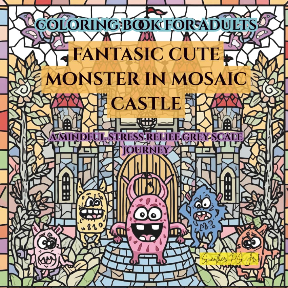 Fantastic Cute Monster in Mosaic Castle: a mindful stress relief grey scale journey